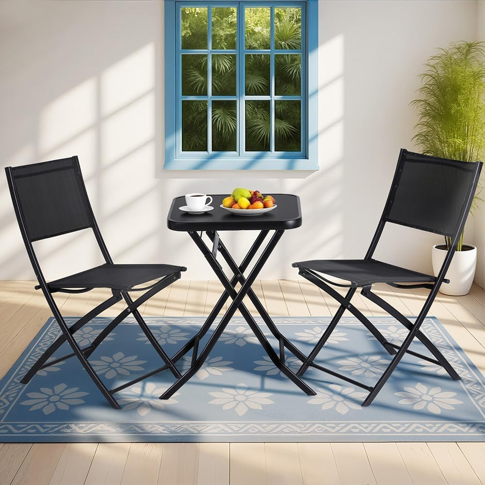 Gardeon Outdoor Bistro Set, Folding Table and Chairs W/Glass Tabletop, Patio Furniture for Garden Porch Backyard Lawn Poolside Deck, Steel Frame, Polyester Fabric Black image number 4