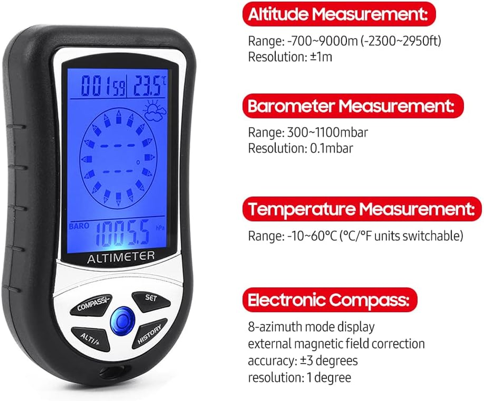 8-In-1 Multifunctional Electronic Altimeter Barometer LCD Digital Compass Thermometer Portable Handheld Height Gauge Weather Forecast Barometric Pressure Tester Air Gauge image number 2