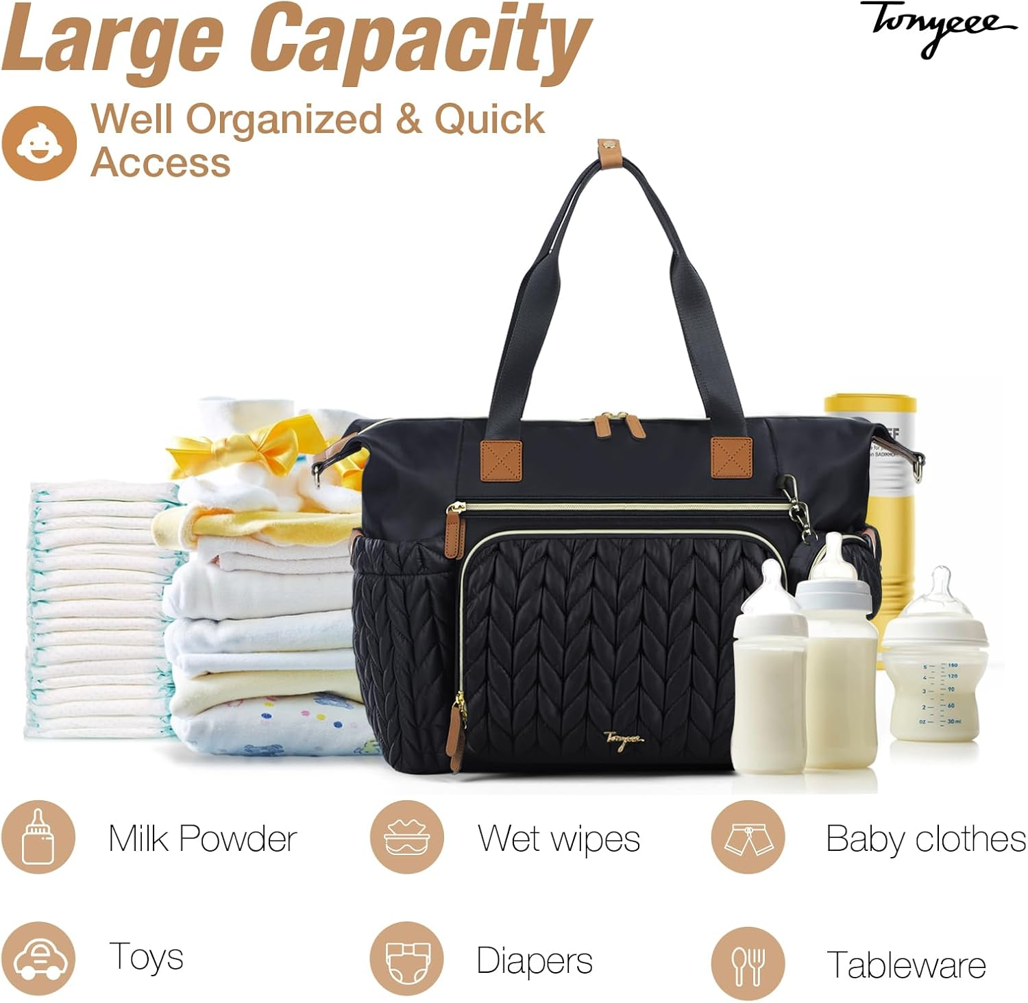 Diaper Tote Bag, Multifunctional Travel Diaper Bag Tote Nappying Tote Bags with Changing Pad and Pacifier Case for Mom, Black image number 1