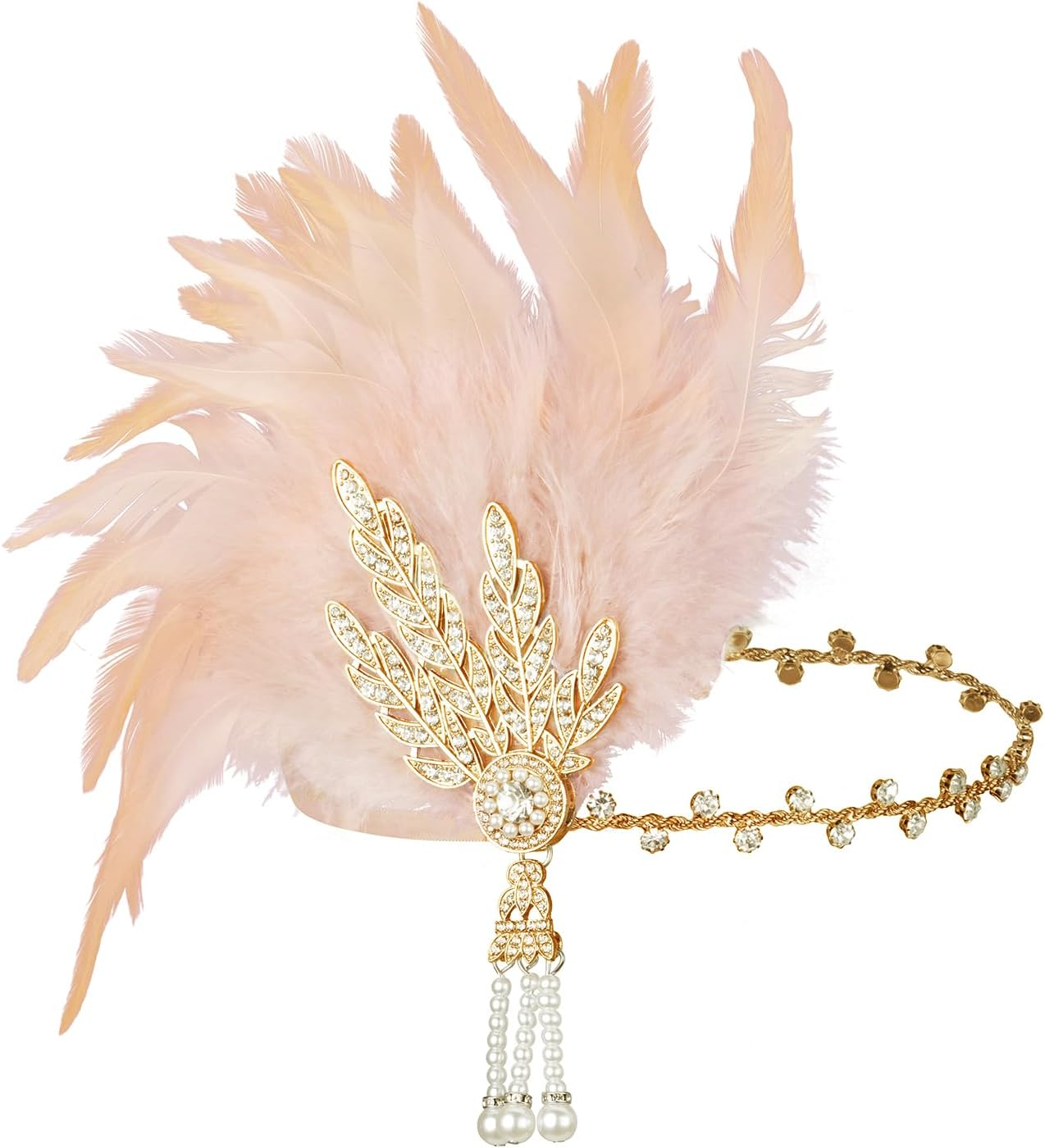 BABEYOND Art Deco 1920'S Flapper Great Gatsby Inspired Leaf Medallion Pearl Headband Feather (Gold and Champagne Feather) - Gold image number 4