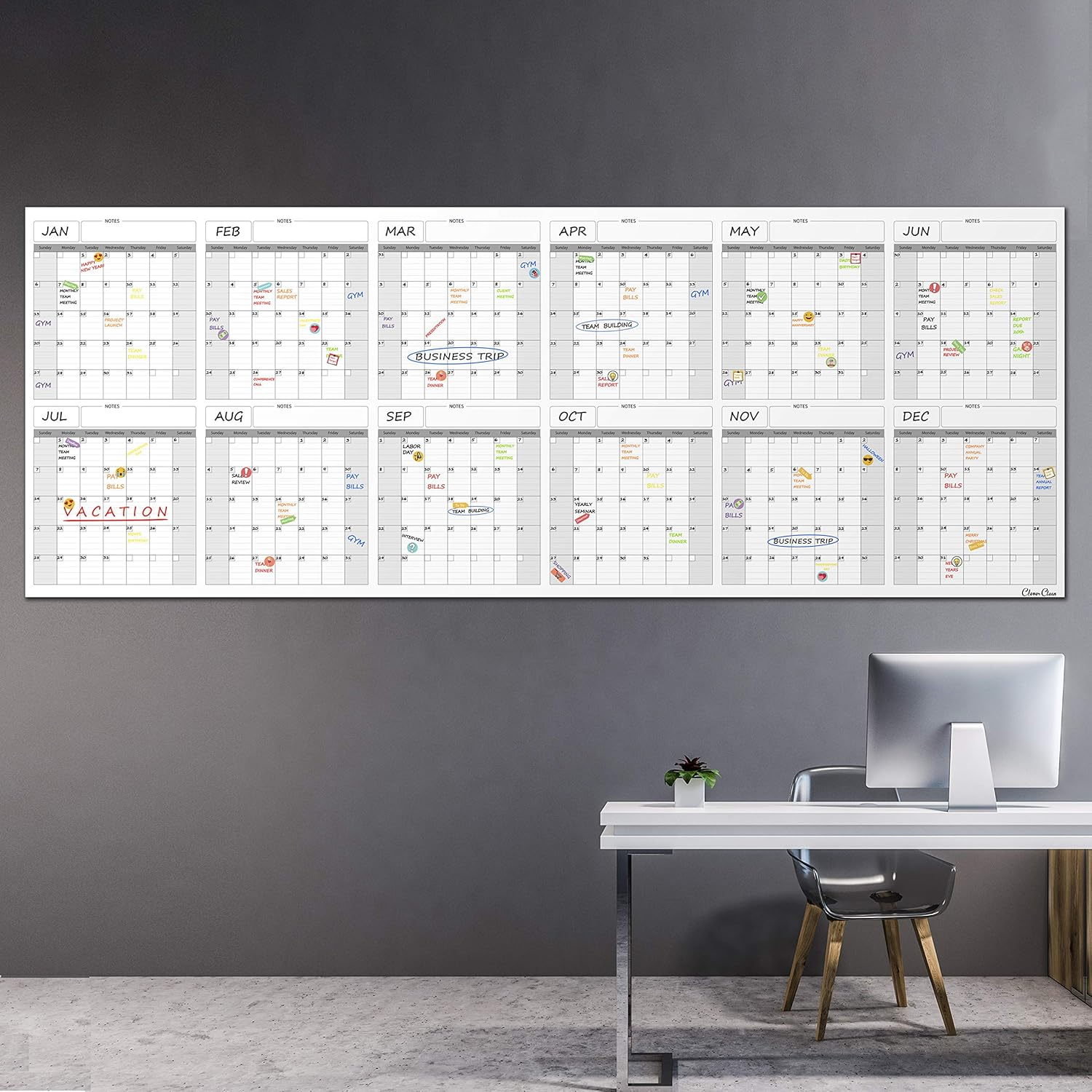 Large Reusable Dry Erase Wall Calendar - 36"X96" 2019-2020 Undated Yearly Planner for Home, Office, School Projects - Jumbo Laminated Task Organizer 36"X96" image number 2