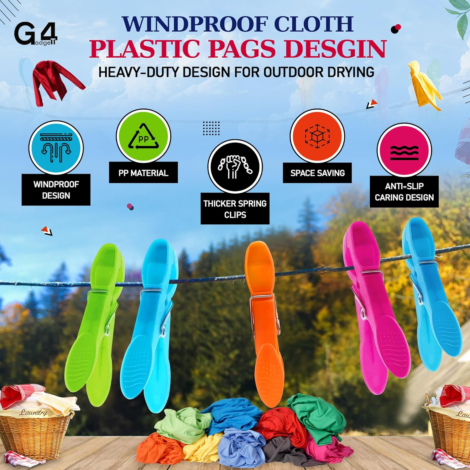 G4GADGET Clothes Pegs 24 Pack &ndash; Strong Grip Plastic Pegs for Washing Line, Durable Laundry Clips for Clothes, Rust-Resistant for Outdoor & Indoor Drying image number 3