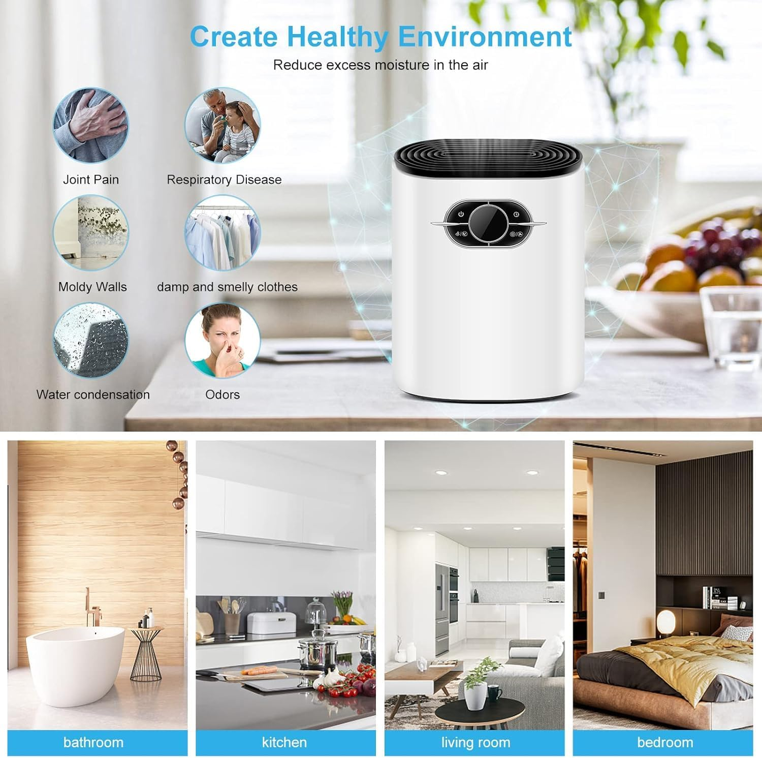 Forubar Compact Mini Dehumidifier for Home, 1200ML Portable Quiet Small Dehumidifiers with LED Display Screen, Auto Shut-Off, Perfect for Bedroom, Bathroom, Closet, Basement (White(Au PLUG)) image number 3