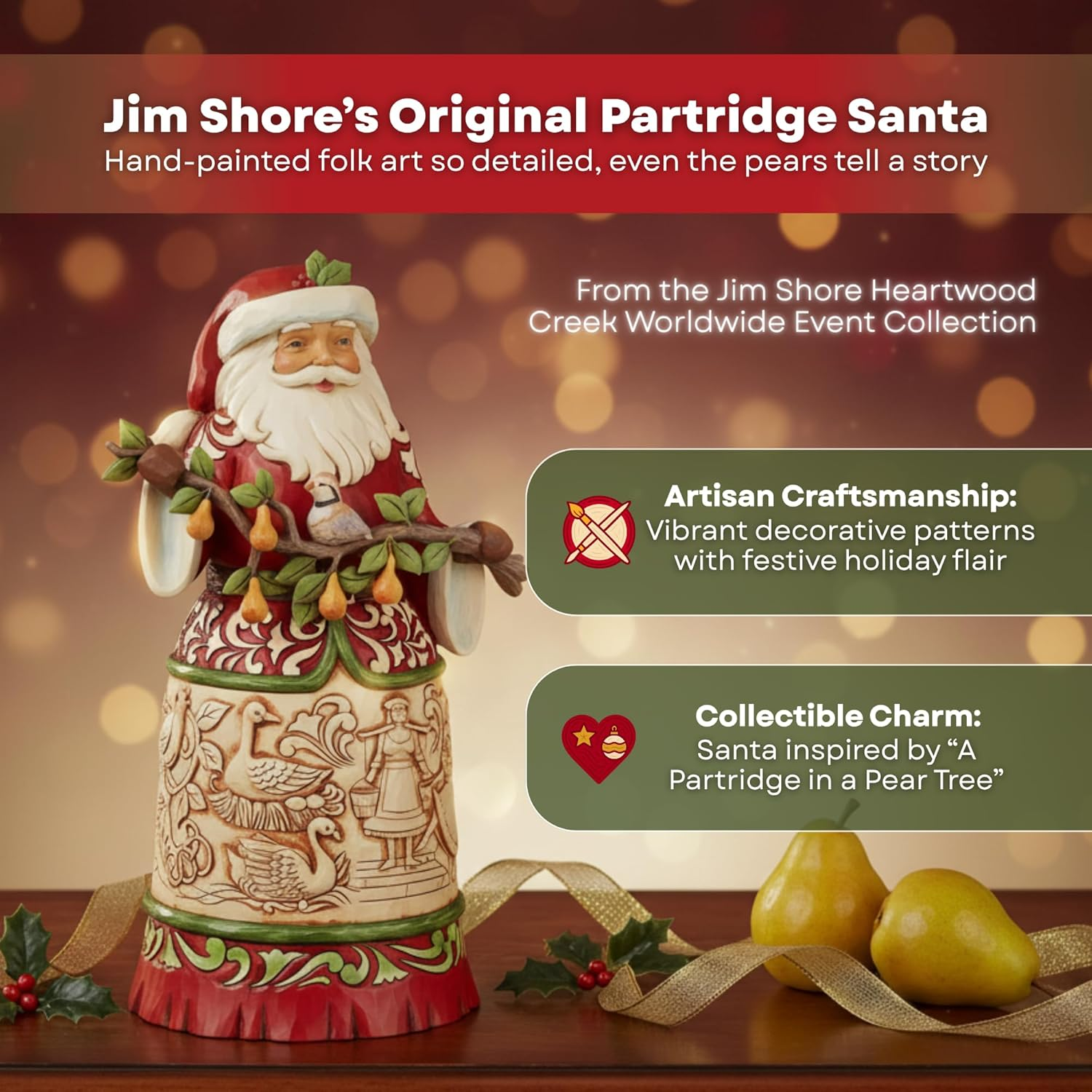 Enesco Jim Shore Heartwood Creek Worldwide Event Twelve Days of Christmas Santa Holding Pear Tree Branch Figurine, 9.33 Inch, Multicolor
