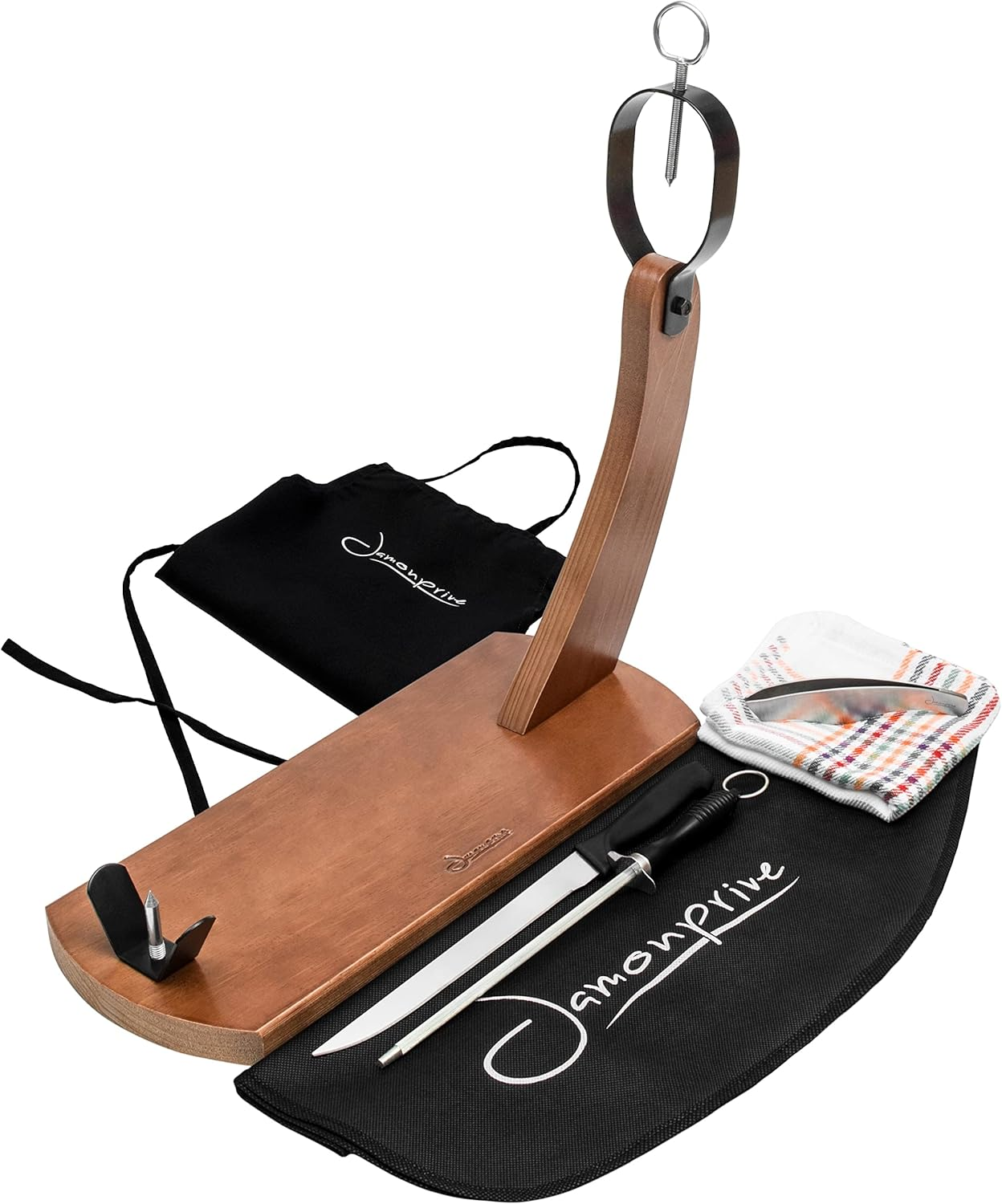Jamonprive Professional Ham Stand Lacquered with Ham Knife + Sharpening Steel + Ham Cover + Kitchen Cloth + Apron + Tongs - Ham Holder Ideal for Serrano Ham, Iberico Ham and Italian Prosciutto - image number 4