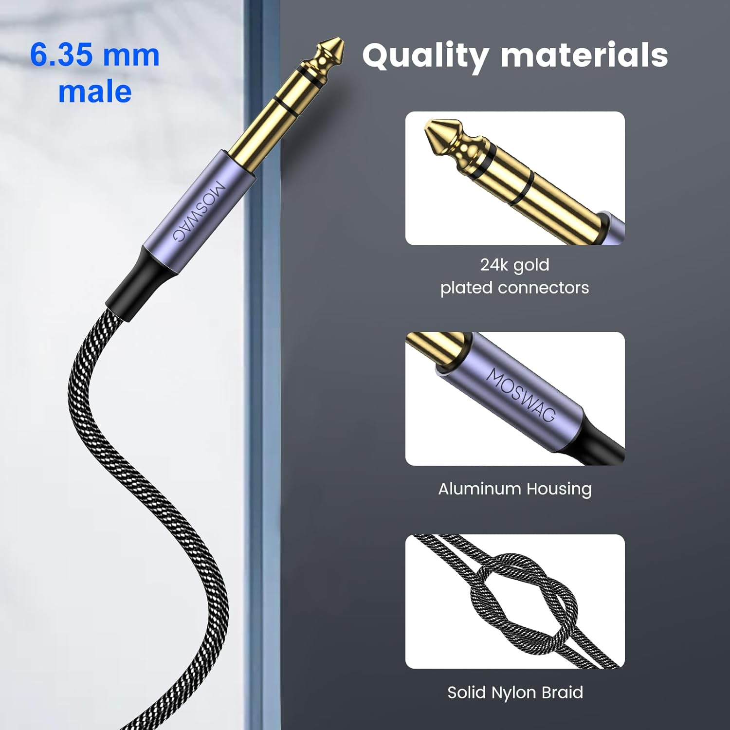 MOSWAG 3.5Mm to 6.35Mm Stereo Audio Cable, Zinc Alloy Housing 3.5Mm 1/8" Male TRS to 6.35Mm 1/4" Male TRS Nylon Braided Stereo Audio Cable for Iphone,Amplifiers (10Ft/3Meter) image number 2