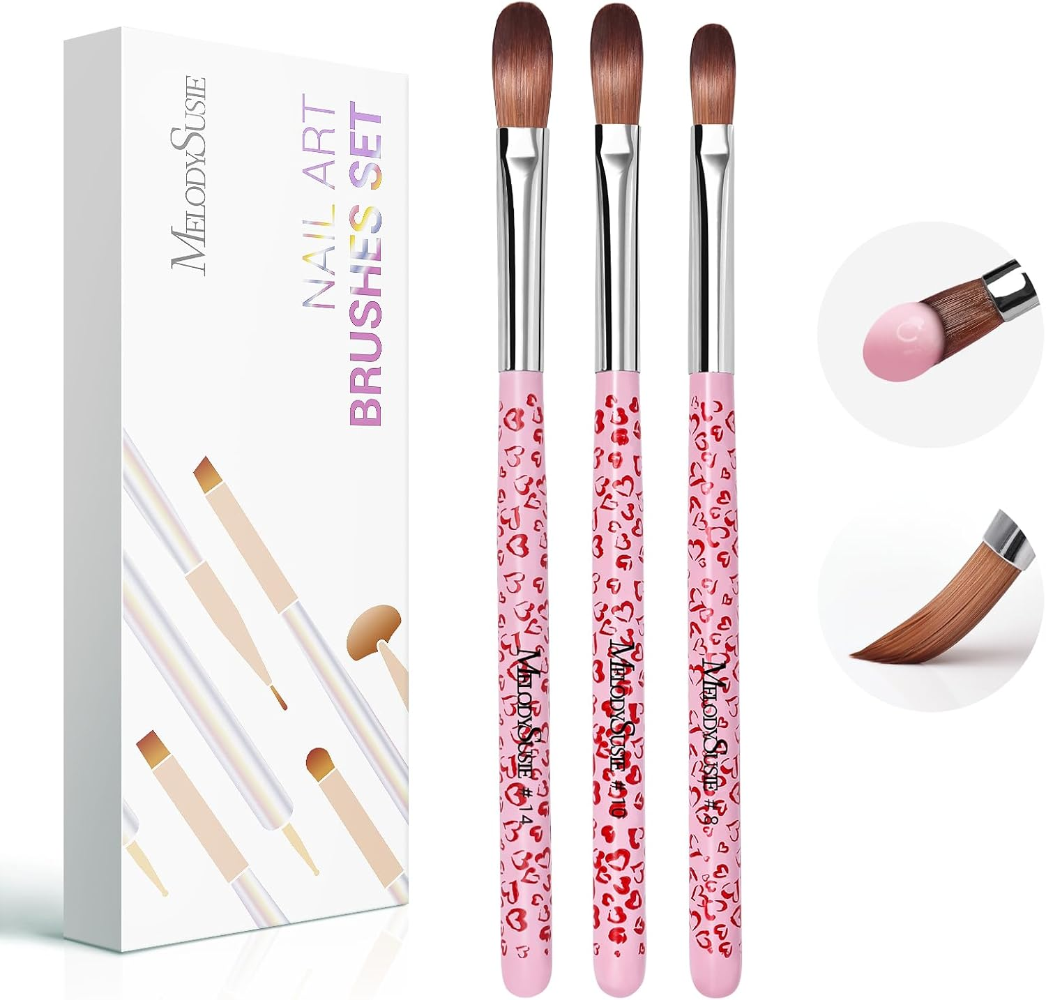 Melodysusie 3-Piece Acrylic Nail Brush Set - Sizes 8/10/14, Professional Nail Art Tool for Acrylic Application, Powder, Extension & 3D Carving - Pink image number 5