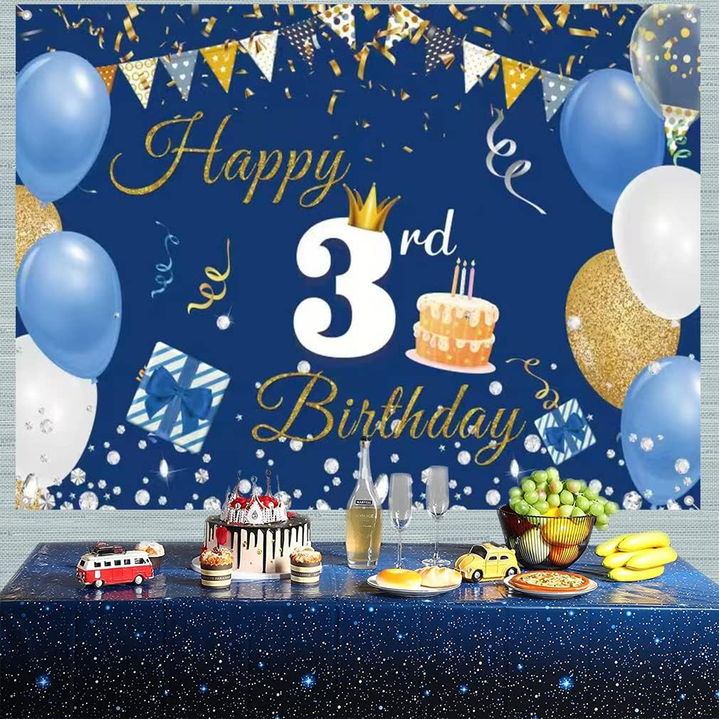 3Rd Birthday Decorations Happy 3Rd Birthday Backdrop Banner for Boys/Girls Happy 3 Years Old Fabric Sign Poster, Blue Photography Background Third Birthday Party Table Decoration, 59"X35.4" image number 3