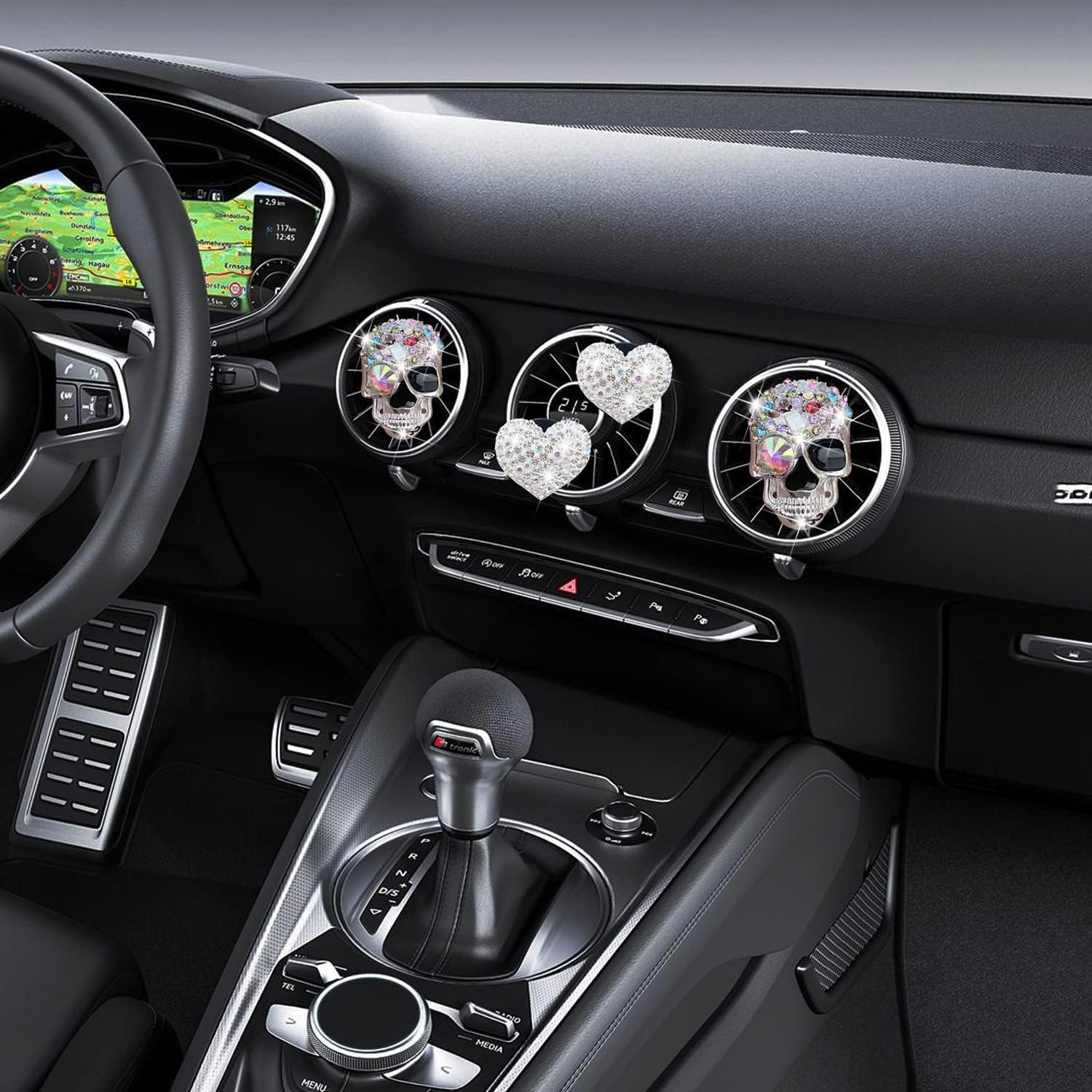 Bling Skull & Heart Air Vent Clips, 4 Pcs Crystal Skull Car Air Fresheners Vent Clips Car Diffuser Vent Clip Rhinestone Diamond Car Decoration Car Interior Decor Bling Car Accessories for Women image number 6