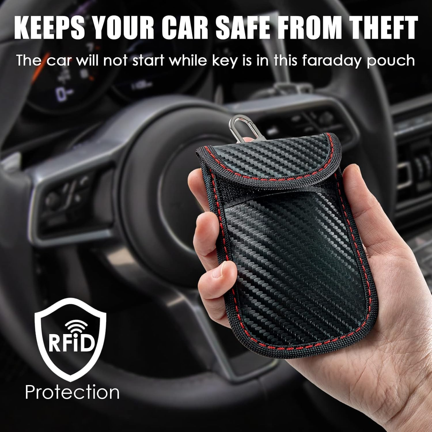 2 Pcs Faraday Case Vertical, Car Key Fob Protector, RFID Vehicle Remote Control anti Theft Hacking Pouch Signal Blocking Cage Bag with Buckle Securing Keyring Hook, Medium image number 1