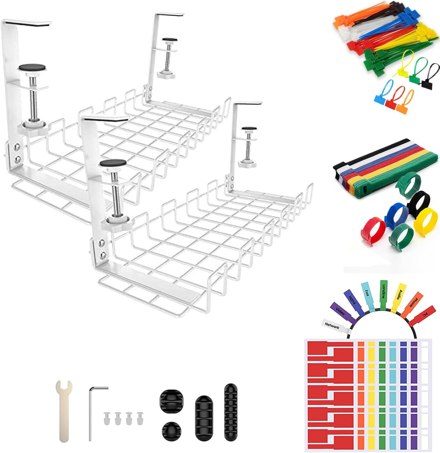 Under Desk Cable Management Tray 2 Pack, Cord Organizer for Wire Management, Detachable No Drill Metal Cable Tray Basket Rack for Home Office (White 2 Pack)