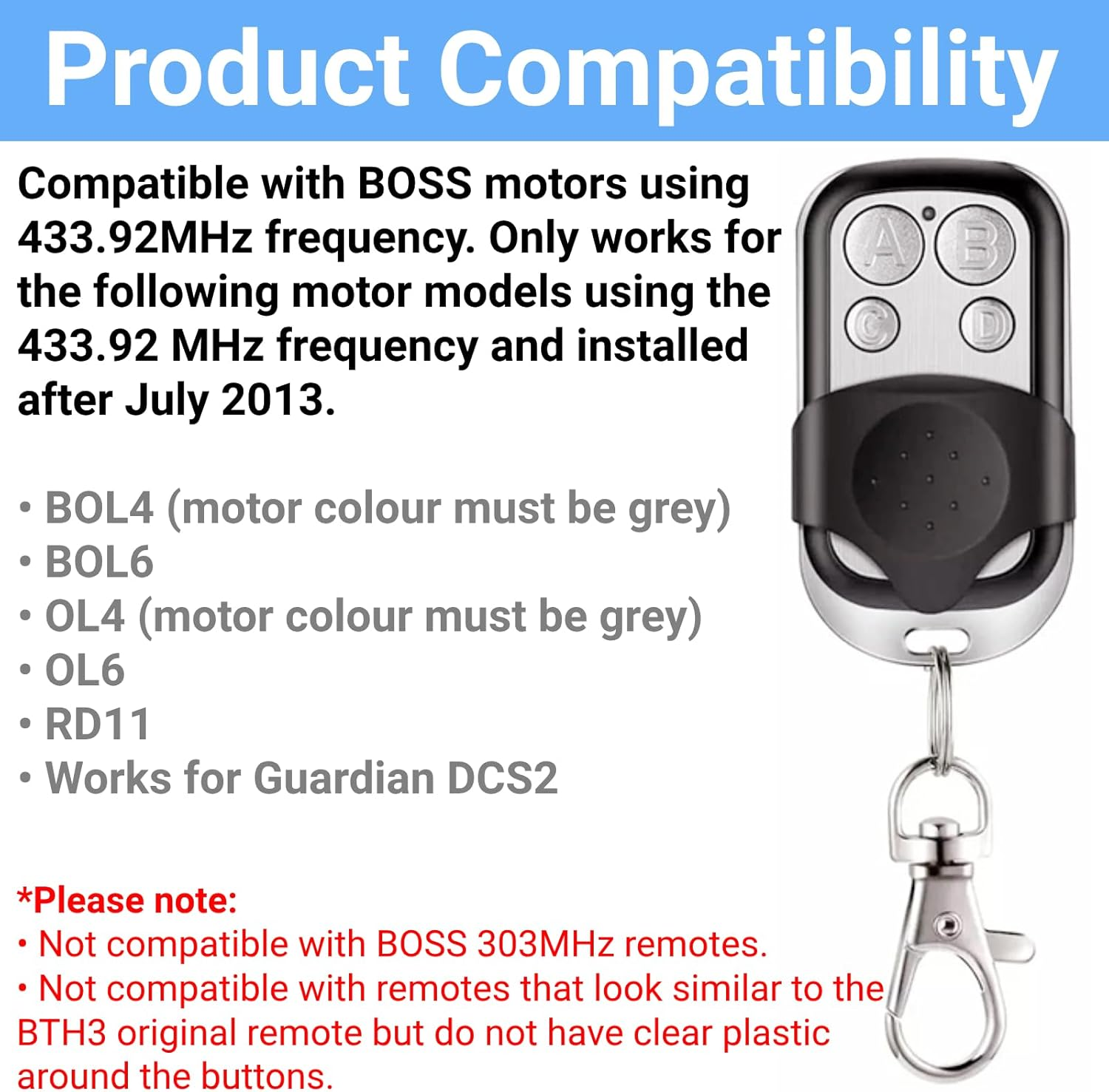 QSDIYRF Garage Remote Replacement for BHT3 BHT-3 HT3 Garage Door Remote Compatible with BOSS 433.92Mhz BOL4 (Grey Colour) BOL6 OL4 OL6 RD11 Garage Door Openers [Installed after July 2013] (1 Pack) image number 3