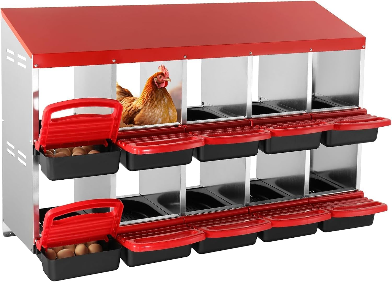 Advwin Chicken Nesting Box, 10 Compartment Galvanized Steel Chicken Laying Boxes, Nesting Boxes for Chickens, Easy Egg Collection for Chicken Coop, Backyard, Farms