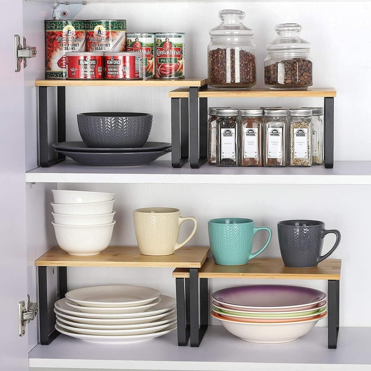 9SHOME 4Pack Expandable Cabinet Shelf Organiser, Stackable Kitchen Counter Shelves Organiser, Wooden Cupboard Stand Spice Rack, Pantry Shelves Cabinet Insert for Kitchen Bathroom image number 1