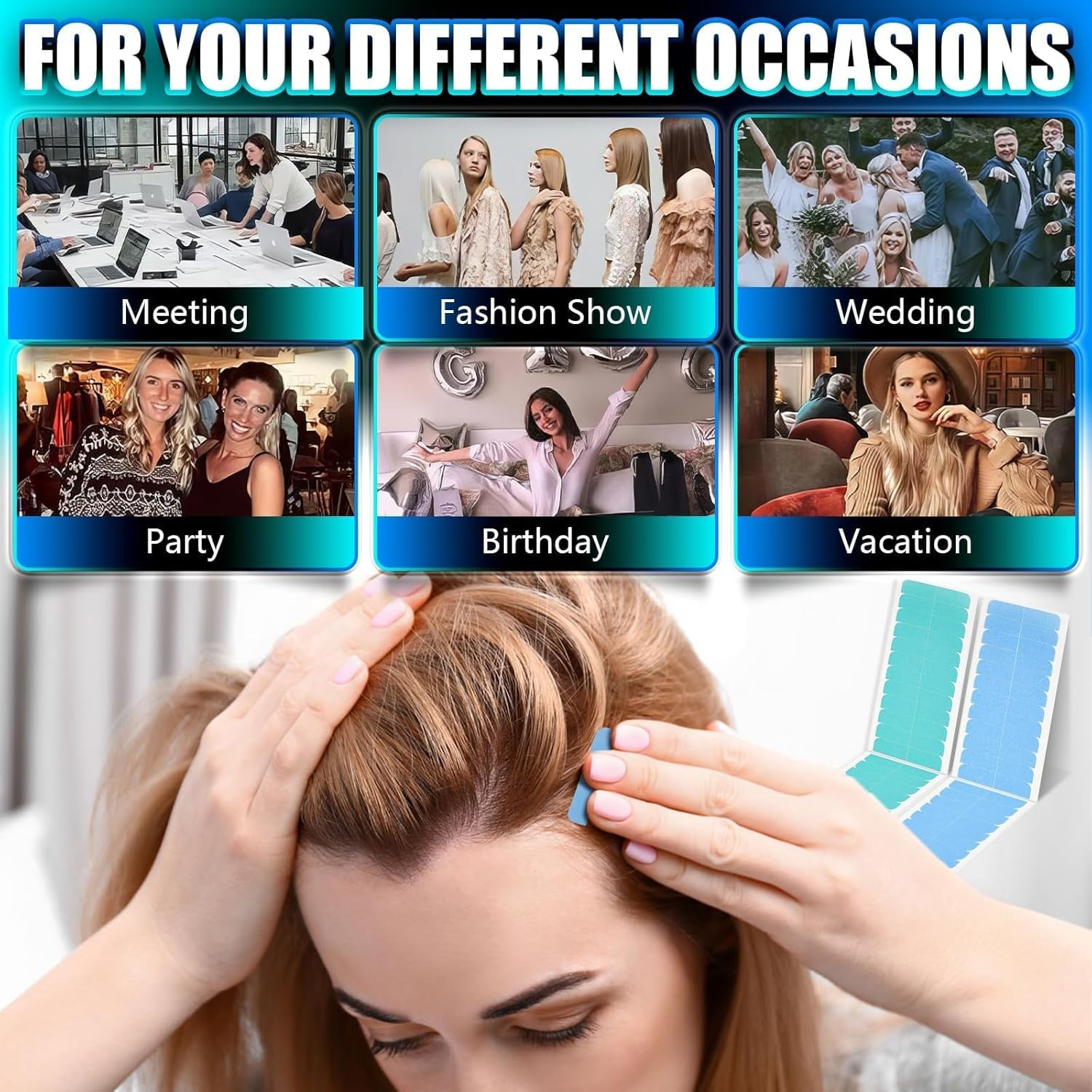 Double Sided Hair Extension 120 Pcs Adhesive Replacement for Hair Extensions, Wig Strips for Fixing Wigs, Hair Pieces (120 Pcs,Blue and Green) image number 3