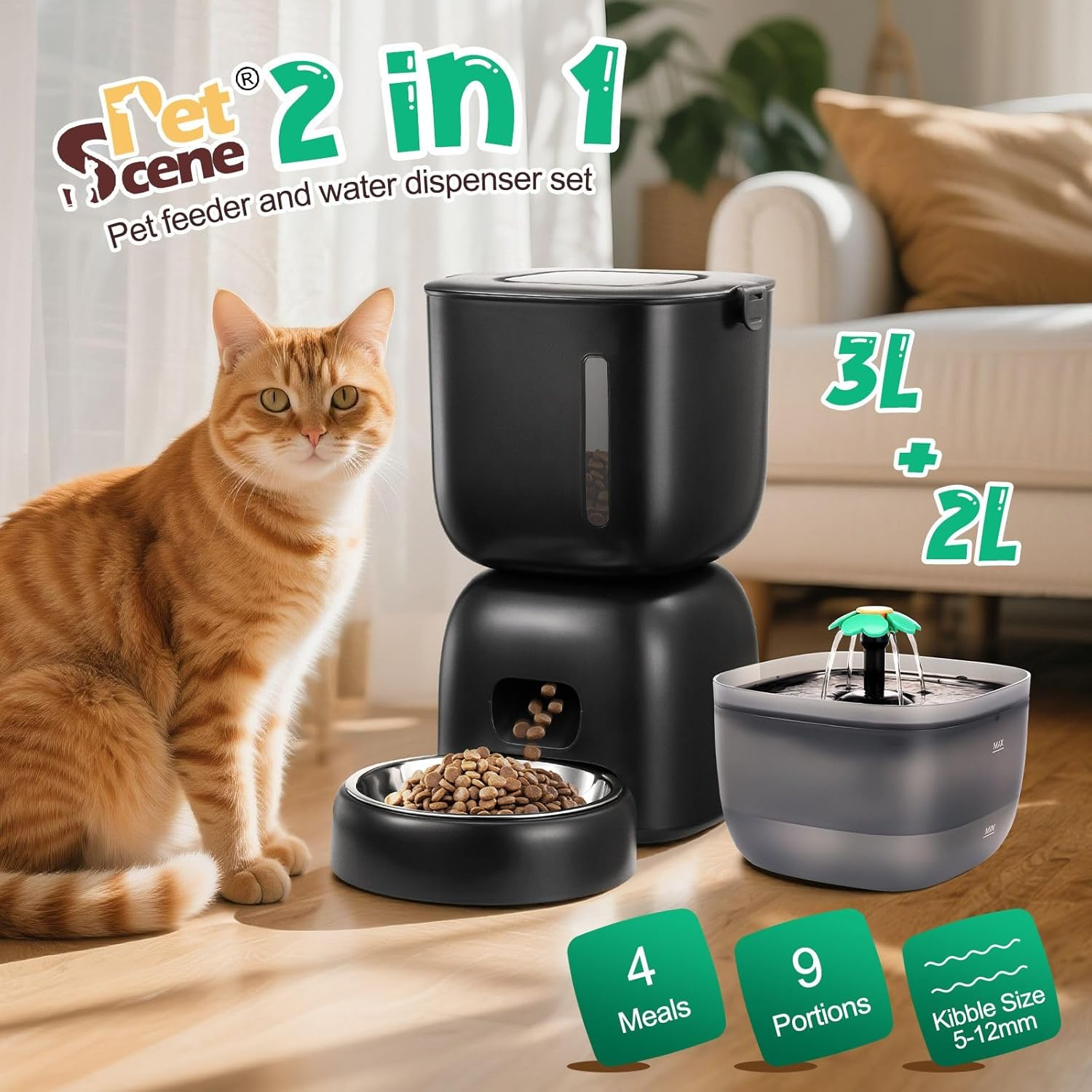 Pet Scene Pet Cat Feeder with 3L Food 2L Water Dispenser Dog Feeding Drinking Fountain Automatic Drinker Waterer Timed 10S Voice Recorder 4 Daily Meals Bowl