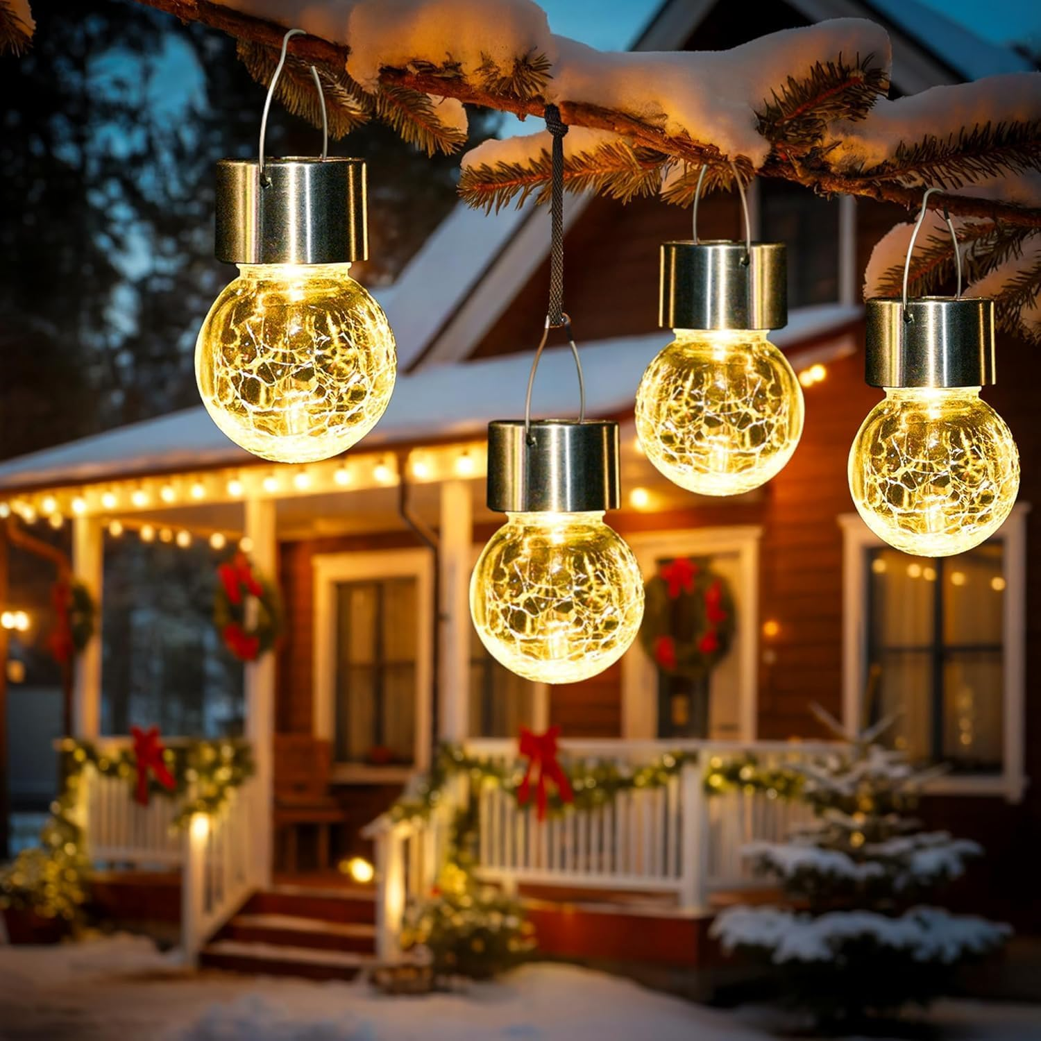 Solar Outdoor Lights Decorative 4 Pack, Hanging Solar Garden Lights Waterproof, Solar Powered Globe Cracked Glass Ball Lantern for Yard Patio Fence Tree Umbrella Holiday Decoration,(Cold White)