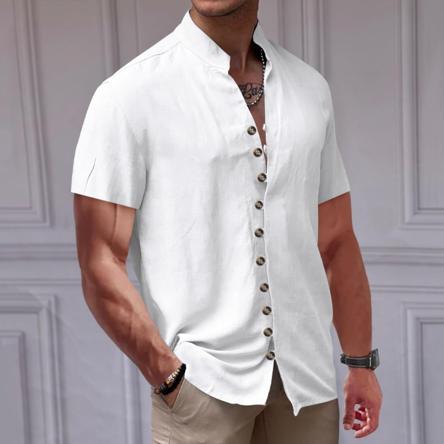 Men'S Button down Hawaiian Linen Shirt Mandarin Collar Short Sleeve Solid Shirt Beach Vacation Summer Casual Tshirts image number 4