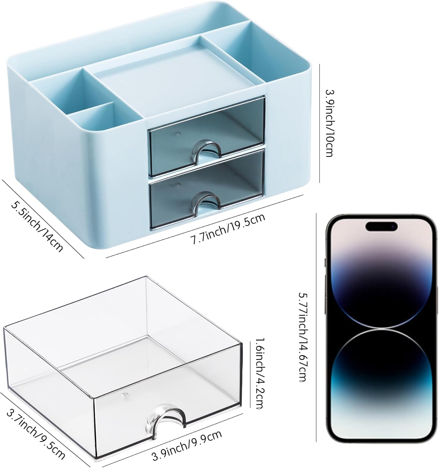 3-Piece Desk Organizer with 2 Drawers, Office Supplies Organizer, Cute Desk Accessories with Plastic, Pen Holder, Blue image number 2