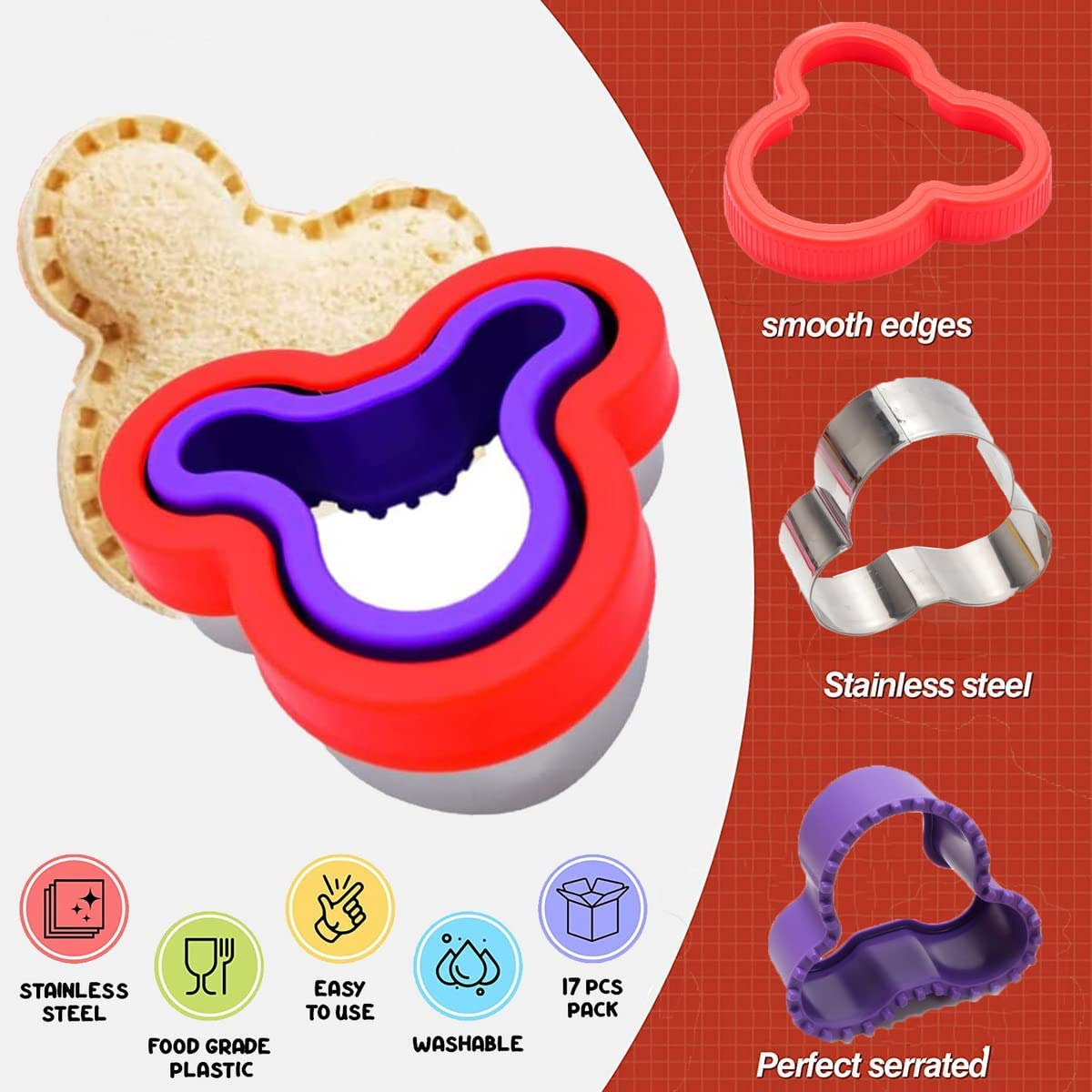 20Pcs Sandwich Cutter and Sealer Set for Kids, Stainless Steel Uncrustable Sandwich Maker Decruster Cookie Cutters Fruit Vegetable Cutter for Boys Girls Adult Lunch Bento Box with Heart Square Mouse Dinosaur Star Circle Shapes, Etc image number 3