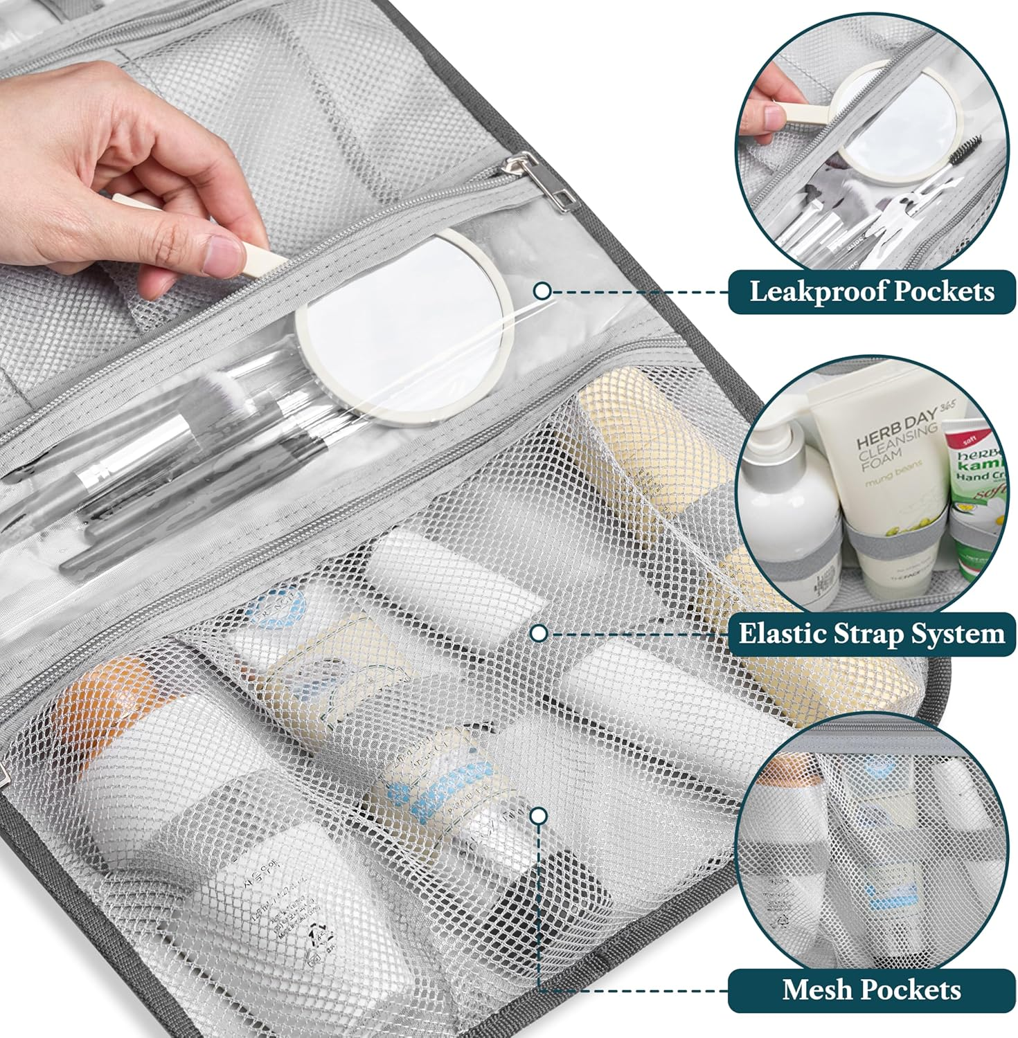 PAVILIA Hanging Toiletry Bag Women Men, Travel Kit Foldable Toiletries Organizer, Roll up Cosmetics Makeup Bag, Waterproof Essentials Jewelry Case