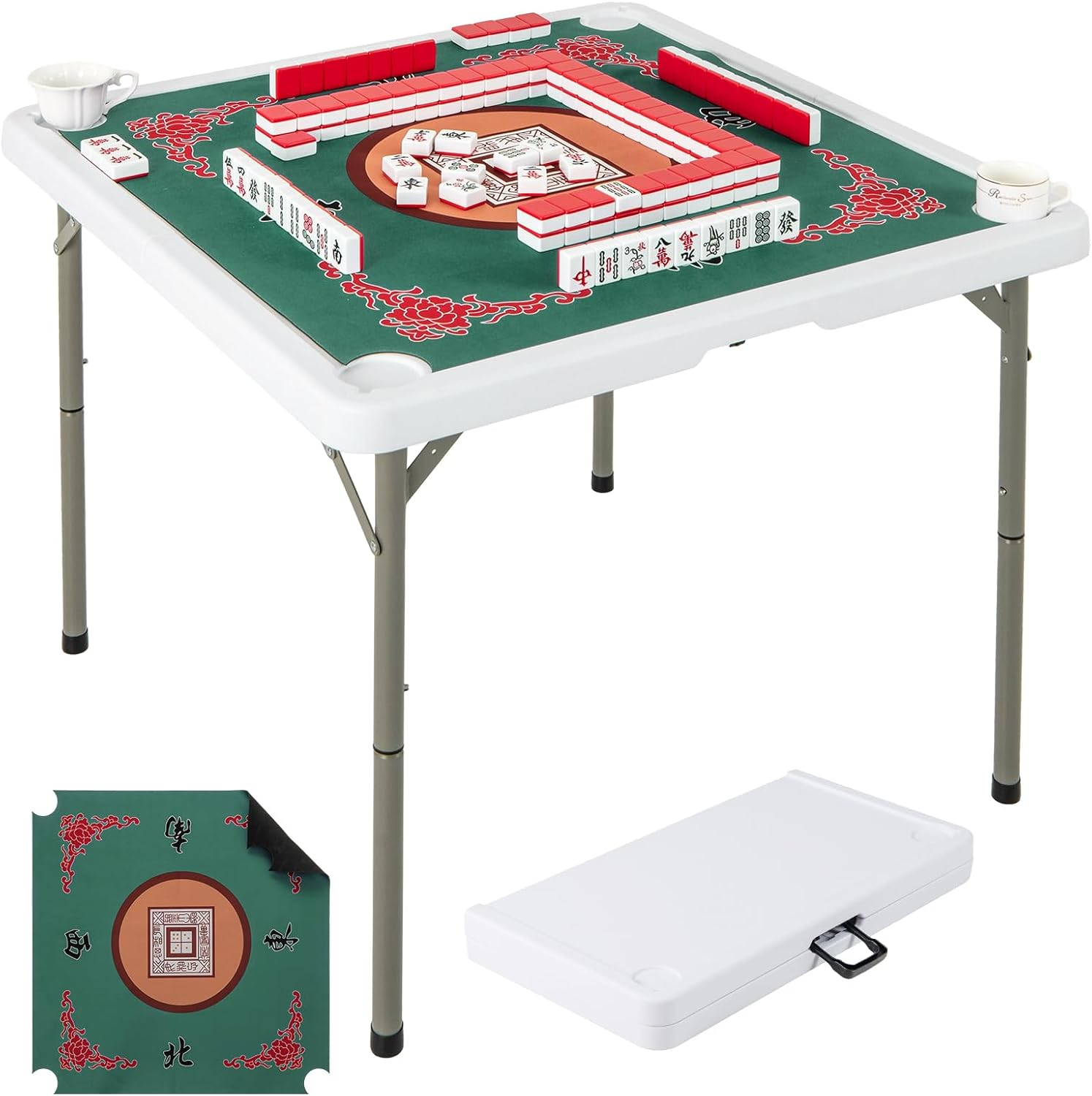 Giantex 90Cm Folding Mahjong Table, 4 Player Game Card Table W/Cup Holders & Smooth Felt Mat, Carrying Handle, HDPE Tabletop, Metal Legs, Portable Mahjong Game Table (Pure Green)