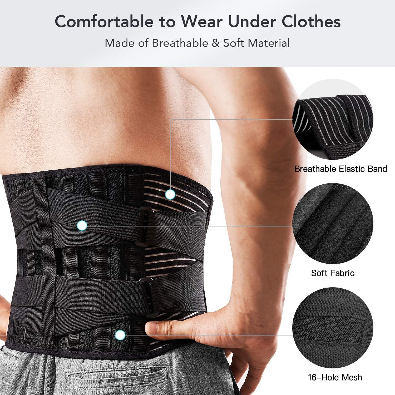 Back Braces for Lower Back Pain Relief with 6 Stays, Breathable Back Support Belt with Lumbar Pad for Men/Women for Work, Anti-Skid Lumbar Support Belt with 16-Hole Mesh for Sciatica