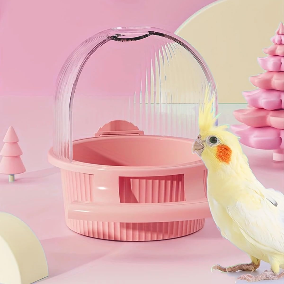 AIMALL Bird Feeder Food and Water Dispenser 5.43X6.5X4.92In Plastic Feeding Cup for Budgerigar Parrot Pigeon Lovebird, Automatic Bird Food Container Pink Yellow Colour - Yellow image number 2