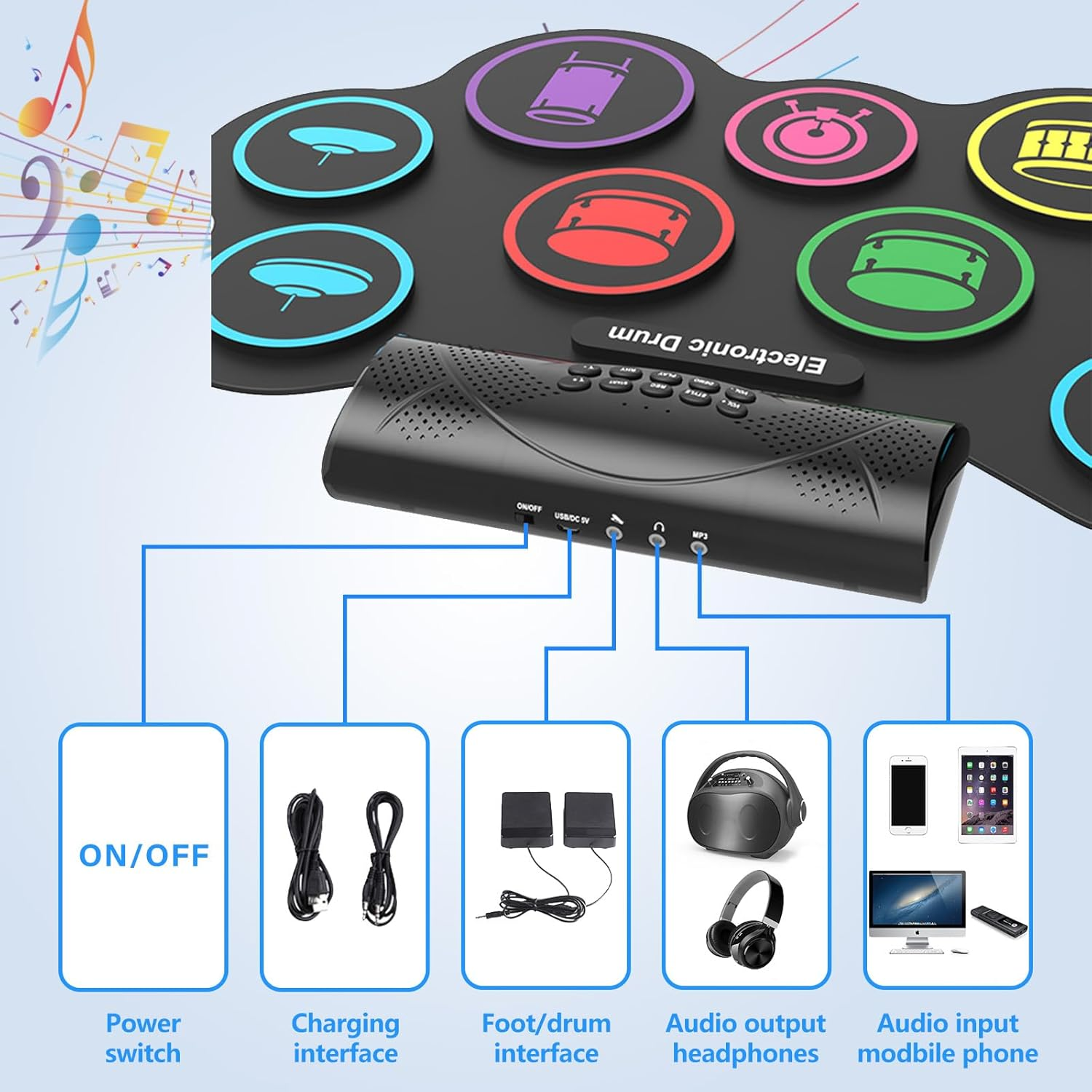 Electronic Drum Set, 9 Practice Drum Pads,Roll-Up Rechargeable Drum Set,Portable Digital Midi Practice Drum Pad for Beginners, Plus image number 5