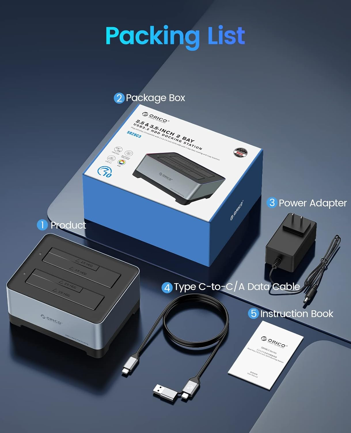 ORICO Hard Drive Docking Station USB 3.2 Gen 2 to SATA I/II/III 2.5 or 3.5 Inch HDD SSD Aluminum Alloy RGB Gaming Dock up to 18TB with UASP [Both Type-C and Type-A Support], Tool-Free (5828C3) image number 4