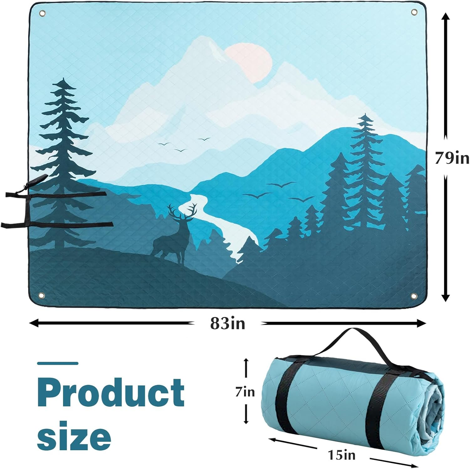 PY SUPER MODE Extra Large Waterproof Picnic Blankets 83X79 Inches - 5 Layer Outdoor Picnic Mat for Beach Camping Park Lawn, Windproof Anchor System with Stakes, Foldable Blue&Brown - Blue Leaves image number 7