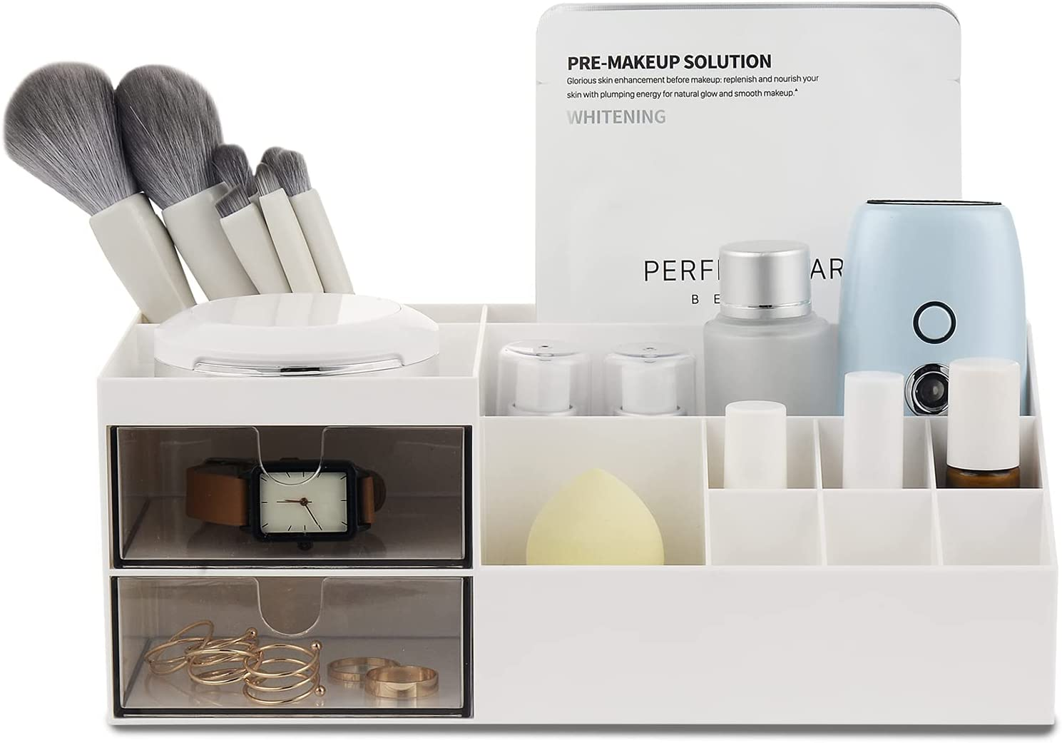 NWK Desk Makeup Organiser with Brush Holder, Skincare Cosmetic and Perfume Storage, Bathroom Organiser for Lipsticks, Nail Care, Jewelry, Office, 2 Drawers and 11 Compartments (White) image number 4