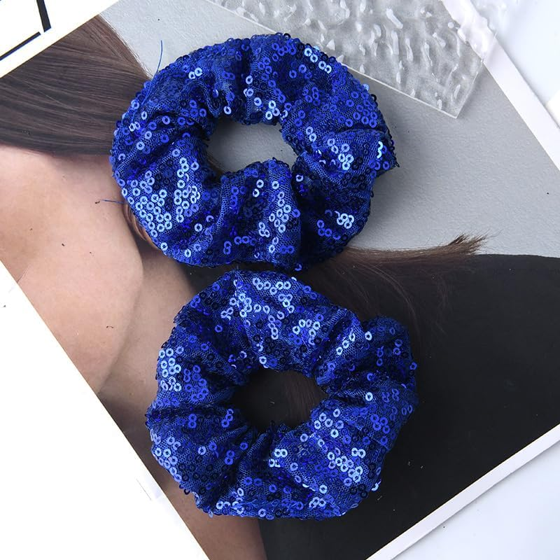 Navy Blue Scrunchies for Thick Thin Hair Ties for Girls Toddler Cheer Stuff for Kids Womens Blue Sequins Cheer Hair Pieces Ponytail Holders for Braids Glitter Rhinestone Cheerleader Scrunchie 2 Pcs image number 3