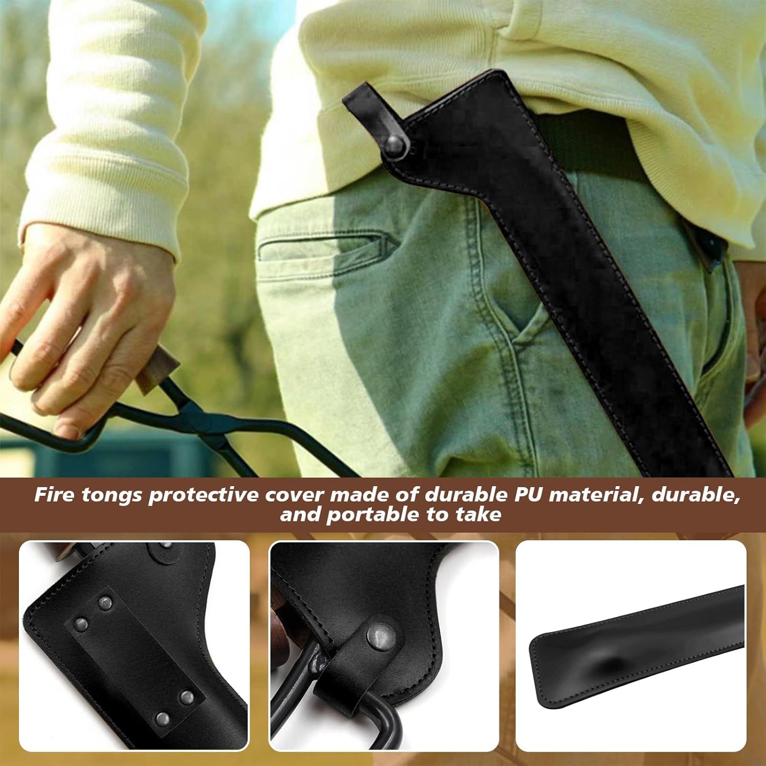 Heavy Duty Fireplace Tong Log Grabber with PU Leather Cover- 40CM Fireplace Tong with Rubber Grip for Campfire, Fire Pit, BBQ, Wood Stove, Durable Fireplace Poker for Handling Hot Logs (Black Cover) image number 5