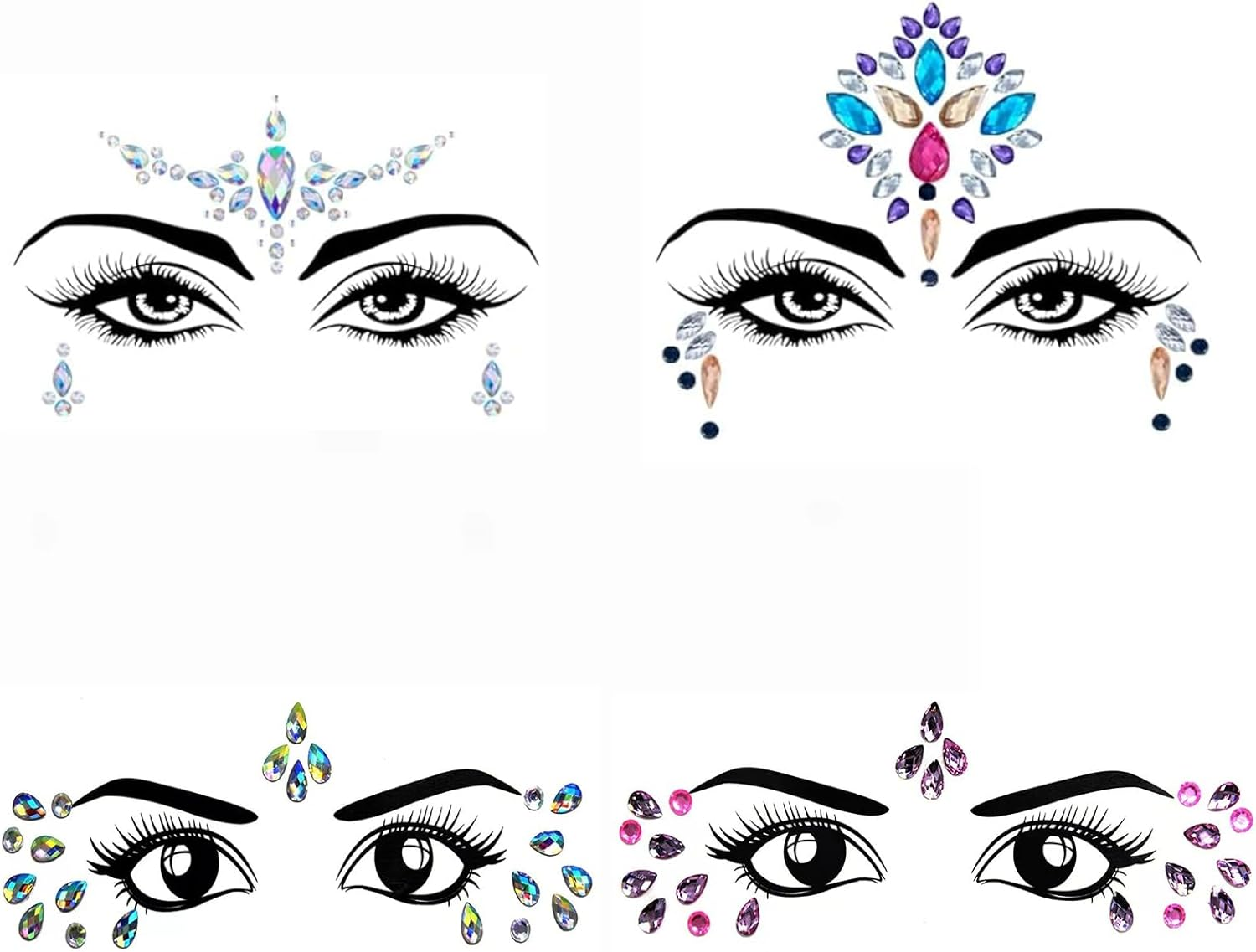 Women Mermaid Gems Glitter, Rhinestone Rave Festival Face Jewels, Crystals Stickers, Eyes Body Temporary Tattoos for Festival Party (4 Packs)