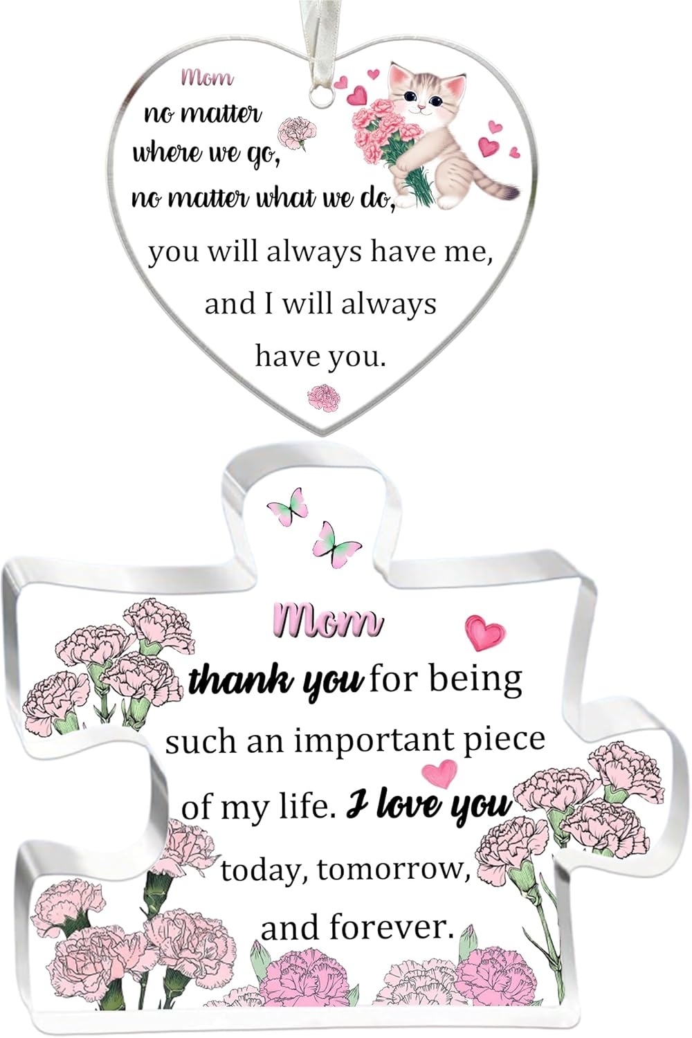 Mom 2PC Set Acrylic Puzzle Plaque Heart Hanging Ornament Women Mothers Day Birthday Mommy Appreciate Thanksgiving Christmas Mum Thank You Keepsake Mommy Retired from Son Daughter image number 2