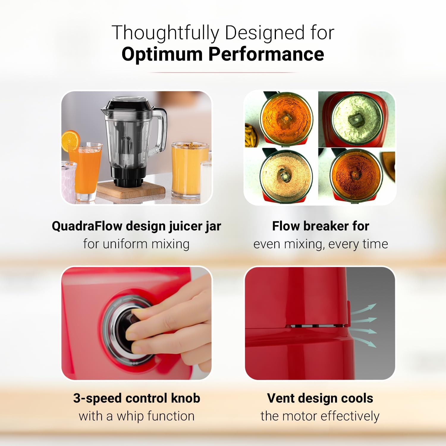 V-Guard Brillio 750 Watt Juicer Mixer Grinder, 3 Year Motor Coverage by V-Guard, 4 Jars(Chutney, Dry, Wet & Juicer), Sturdy Juicer Jar with Quadraflow Design, Precisionblend SS Blades | Mars Red image number 5