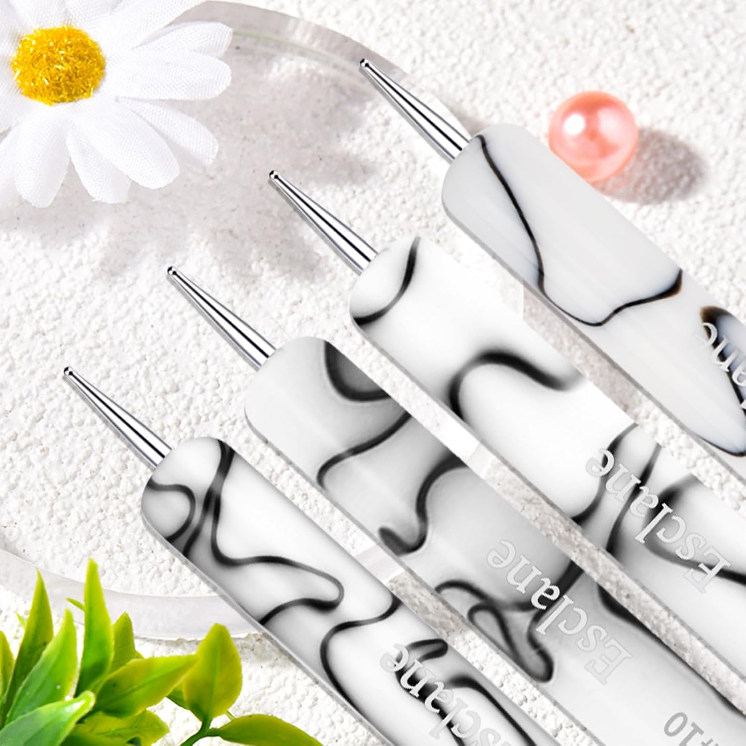 Esclane 2 Way French Nail Brush with Dotting Tool, White Marble Acrylic Handle, Nylon Head, Flat Tongue, French Tip Brush (#12) image number 4