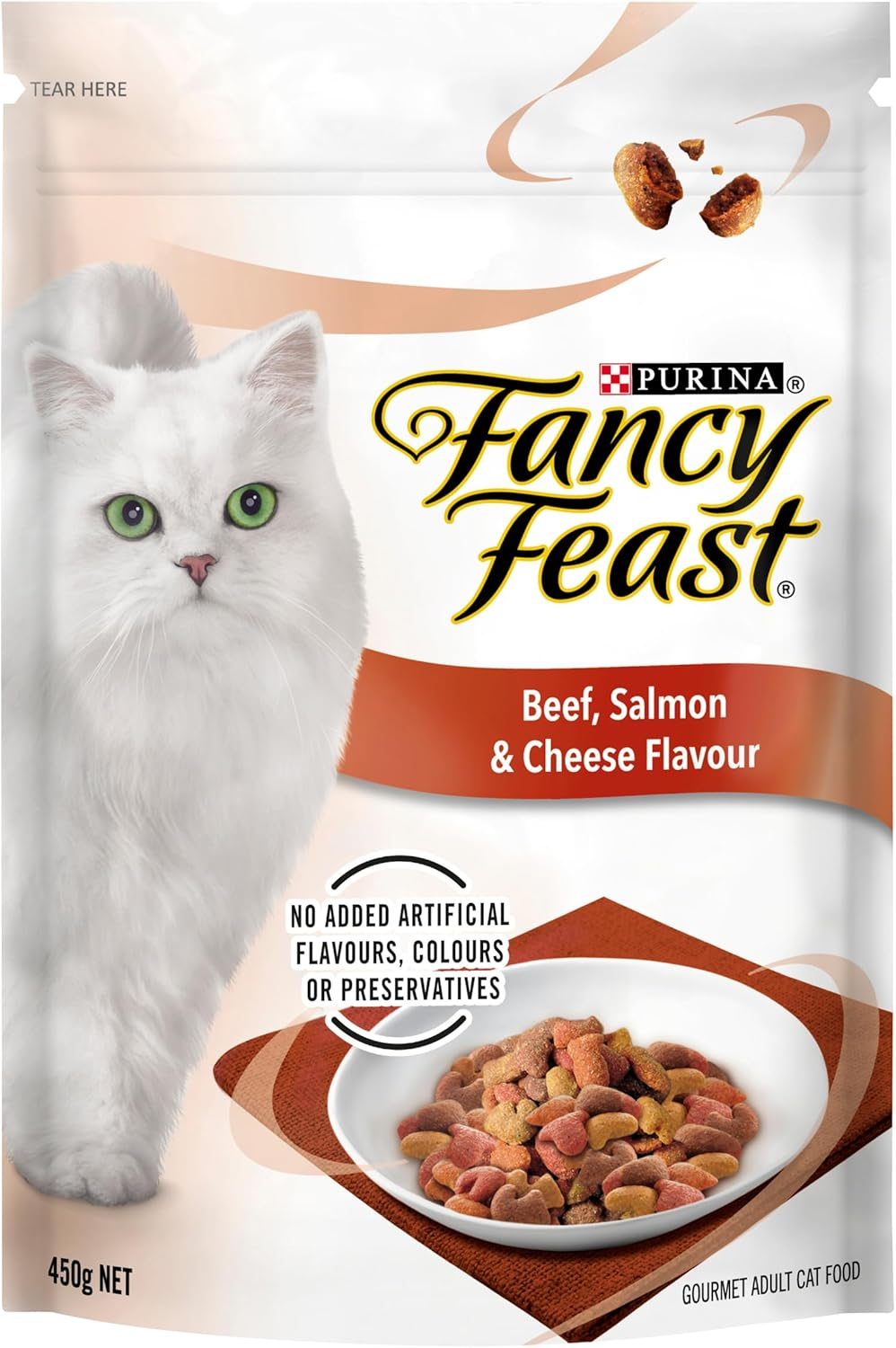 FANCY FEAST Adult Dry Cat Food Beef, Salmon and Cheese, 450G (Pack of 4) image number 1