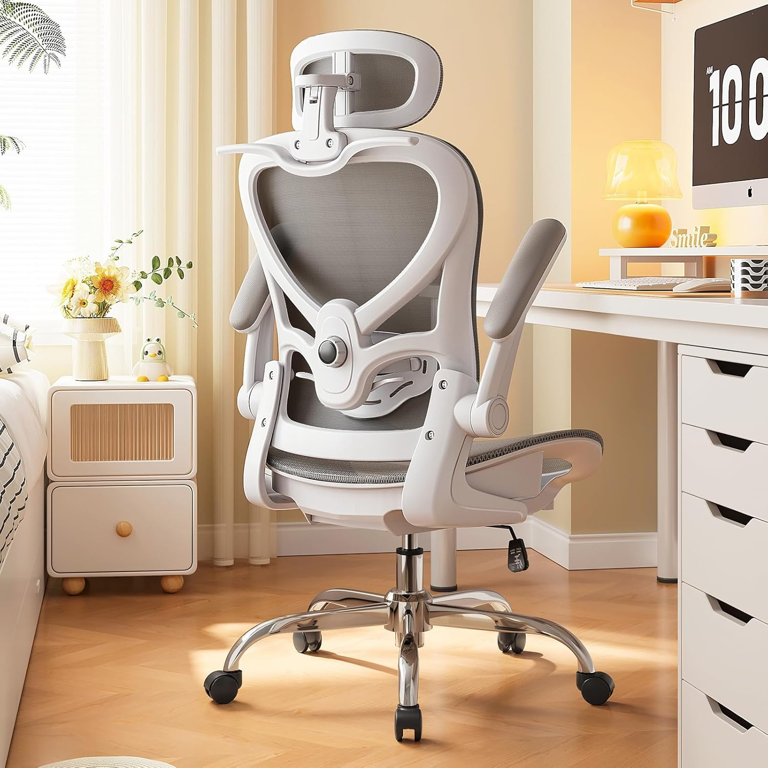 Ergonomic Chair with 3D Headrest, Office Chair with Coat Hanger, Gaming Chair with 2D Lumbar Support & Flip up Arms, Computer Chair Mesh Cushion & Backrest for Office, Study & Meeting, Grey image number 6