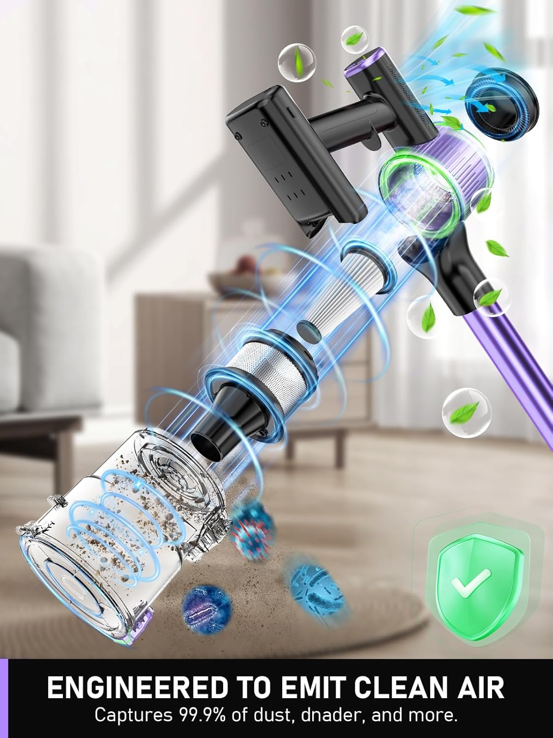 Cordless Vacuum Cleaner, 10-In-1 Stick Vacuum with Powerful Suction, Hose, Anti-Tangle Brush, Green LED Light, Lightweight Rechargeable Vacuum Cleaner for Home, Hardwood Floors, Carpets, Pet Hair image number 6