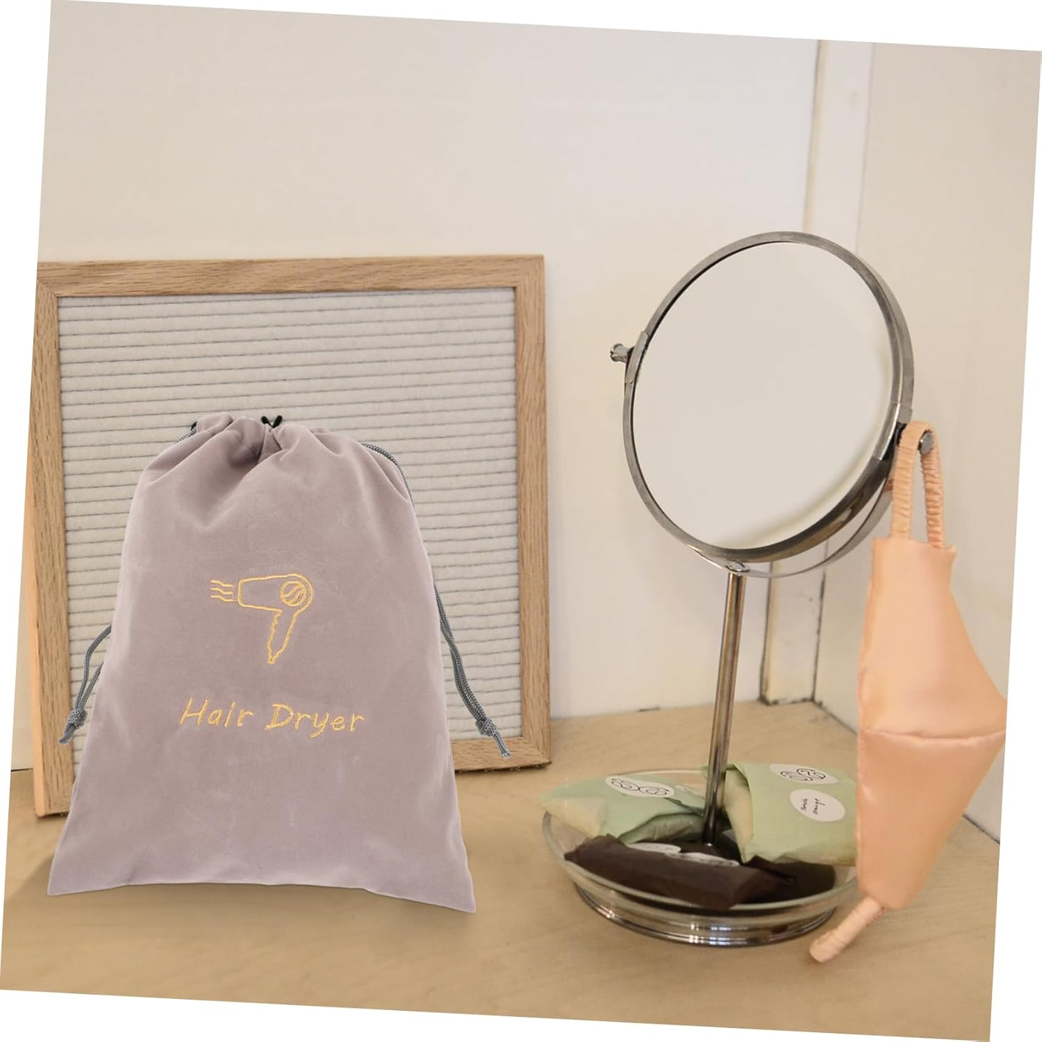HAKIDZEL Hair Dryer Bag Drawstring Storage Pouch Portable Cloth Hair Dryer Organizer for Travel 23X30Cm Grey Velvet Embroidery