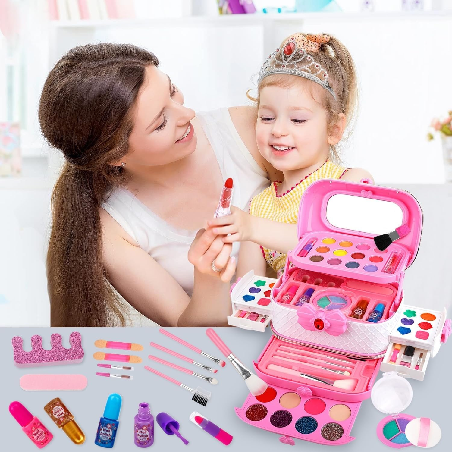 58Pcs Kids Makeup Kit for Girl，Play Real Makeup Girls Toys,Washable Make up for Little Girls,Non Toxic Toddlers Cosmetic for Children Age 3-12 Years Old (Pink)