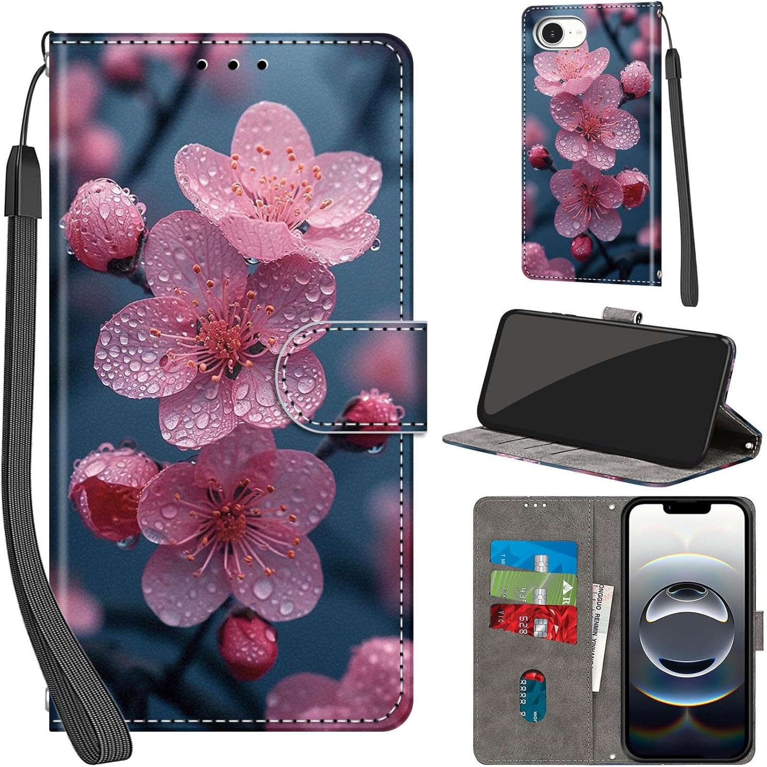 Mobile Phone Case for Iphone 16E Cases Premium Leather Case Foldable Wallet Magnetic Card Slot Stand Function Protective Case Compatible with Iphone 16E Cover, Flower