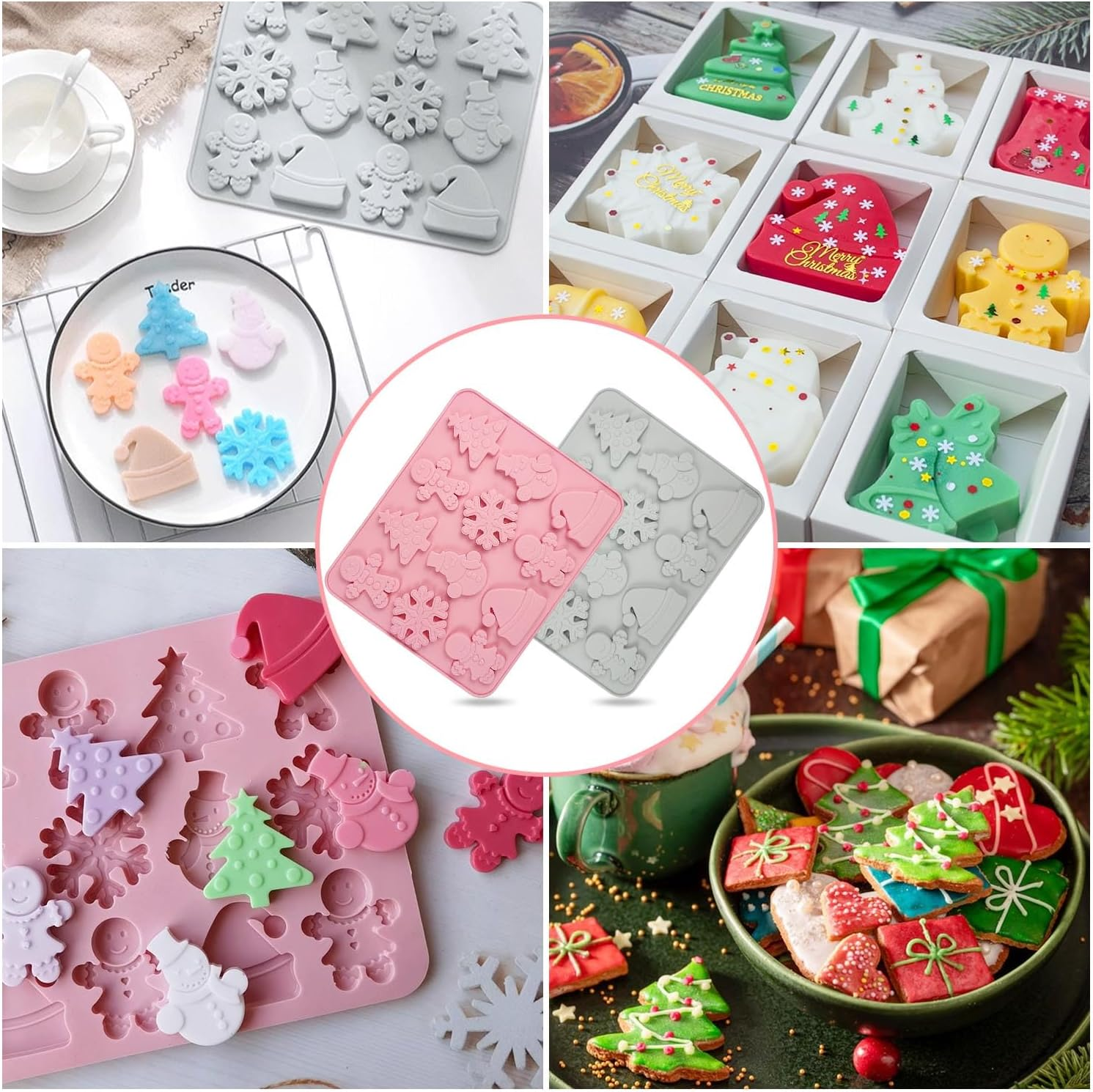Christmas Silicone Mould, 2 Pieces Christmas Silicone Mould, 6 Different Designs, Silicone Moulds Christmas, Silicone Baking Mould Christmas for Muffins, Cakes, Chocolate, Soap, Sweets image number 1