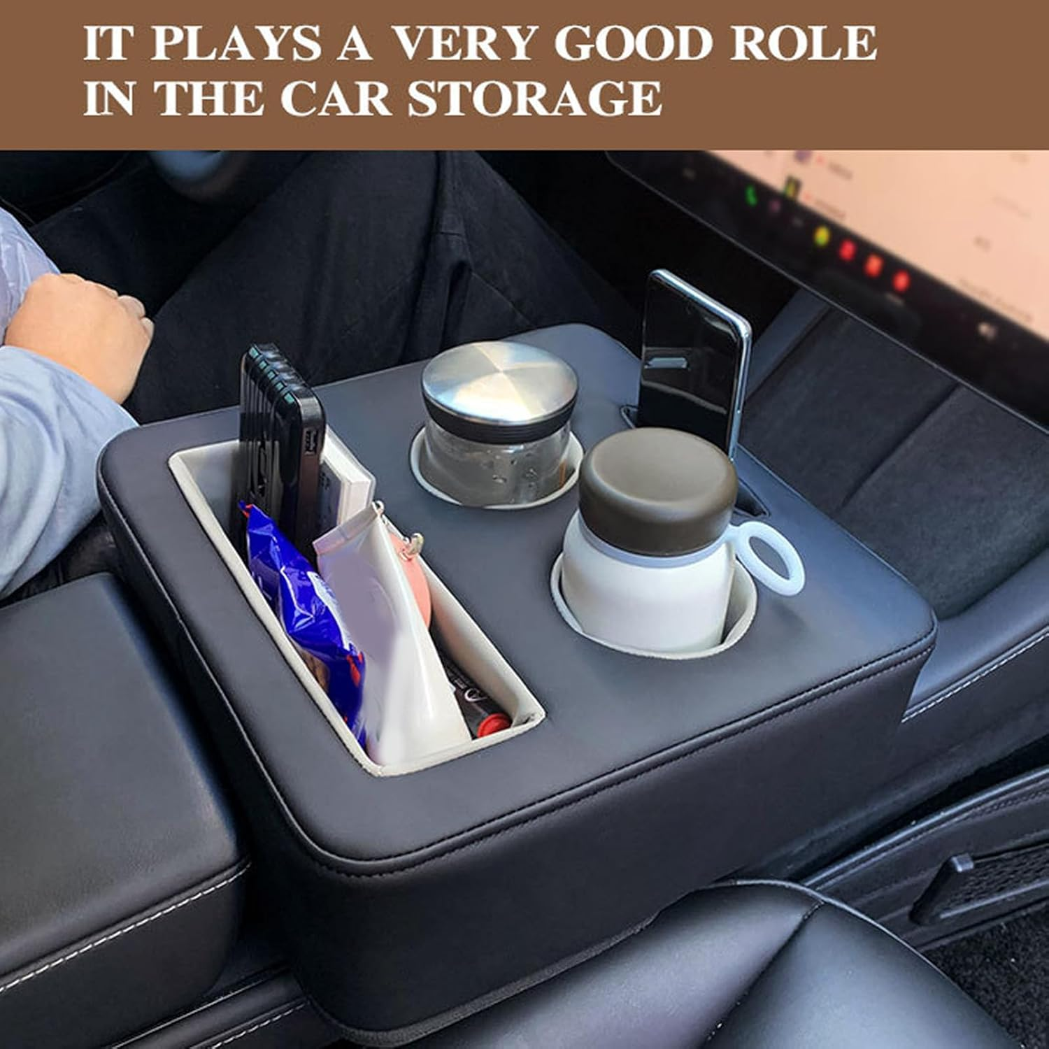 Jiawu Back Seat Cup Holder, Car Back Seat Organizer, PU Leather Couch Pillow Sofa Bed Cup Holder Expander Tray, Universal Car Truck Boat Organizer, Holds Drinks, Snacks, Remote image number 5