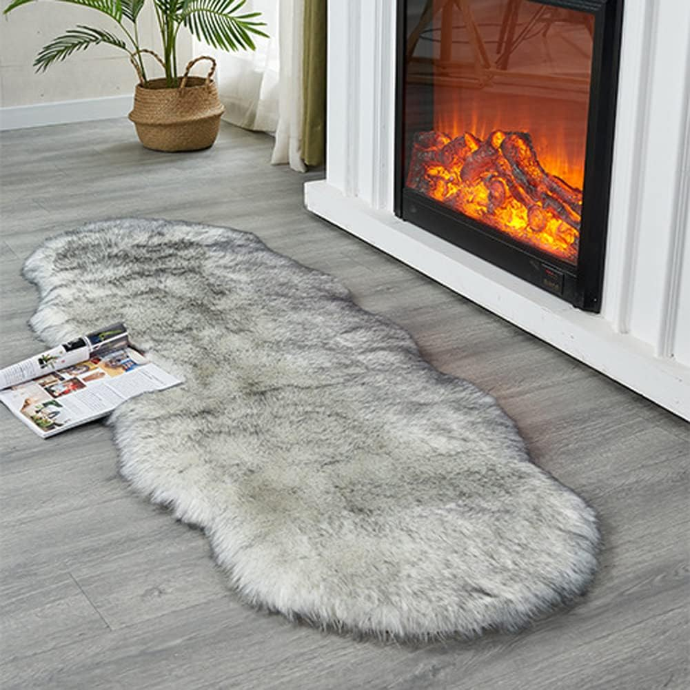 Soft Faux Sheepskin Fur Rug Fluffy Area Rug Floor Mat Luxury Carpets Chair Cover Seat Pad Shaggy Rug for Bedroom Sofa Living Room (2 X 5 Ft Sheepskin, White Grey