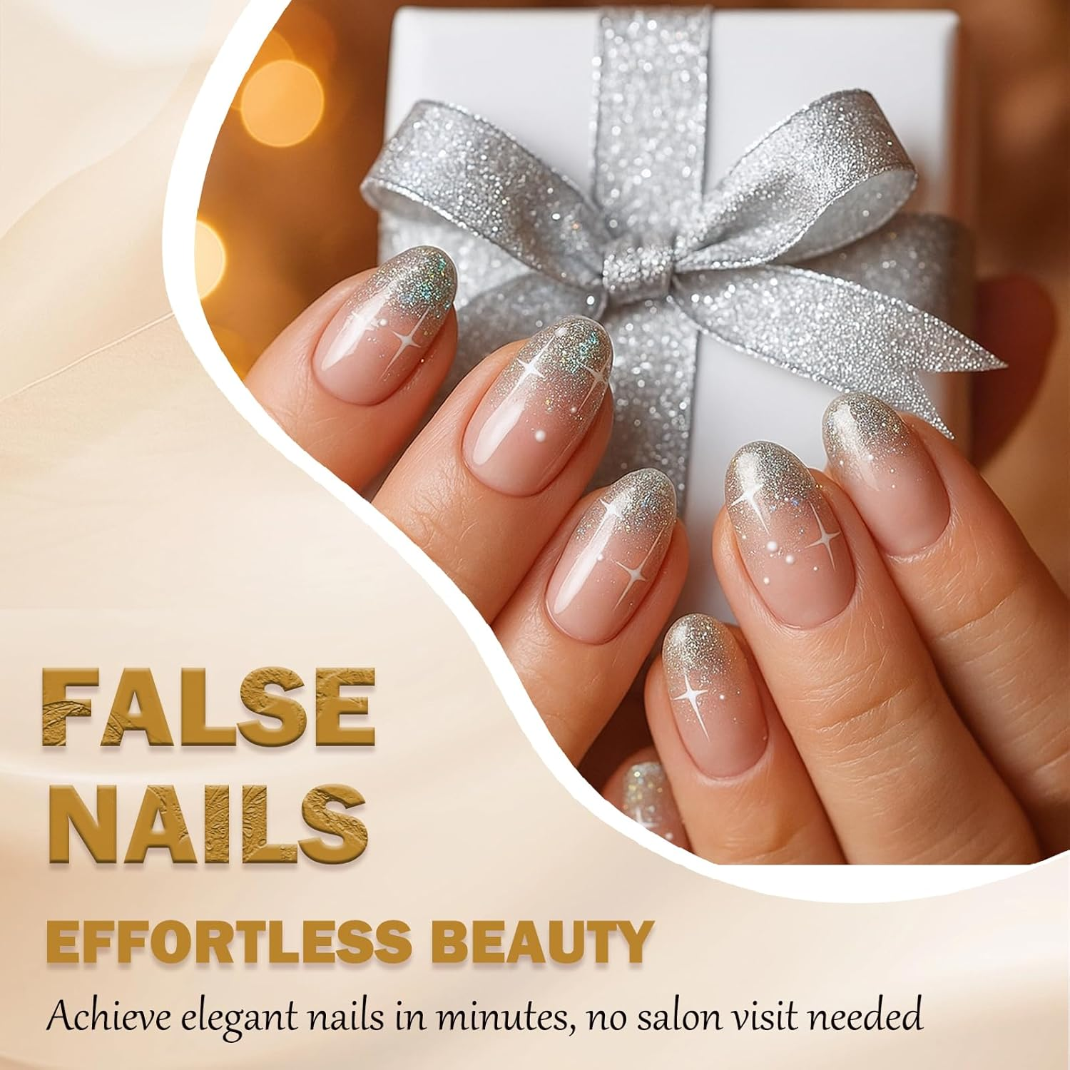 24PCS Nude Pink Glitter French Press on Nails &ndash; Short Oval Silver Star Tip Fake Nails, Reusable Full Cover Glossy Stick-On with Jelly Adhesive for Everyday Wear & Holiday Look image number 5