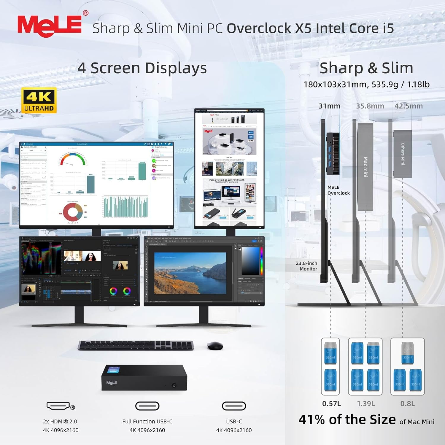 Mele Overclock X5 Core I5 12450H (8C/12T, up to 4.4Ghz) Mini PC 32GB DDR4 1TB SSD Win11Pro Ultrathin Micro Desktop Computer with 2X HDMI + 2X USB-C 4K Quad Display, 1G+ 2.5G Dual LAN, Wifi5 BT5.2 image number 2