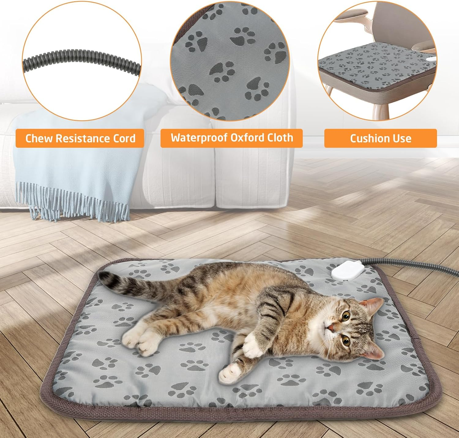 Joywoof Pet Heated Mat for Cats Cats and Dogs,Warming Puppy Heating Bed with Indicator and Switch,Waterproof Heated Animal Bed with Bite Resistant Cable 45X45Cm Gray image number 4